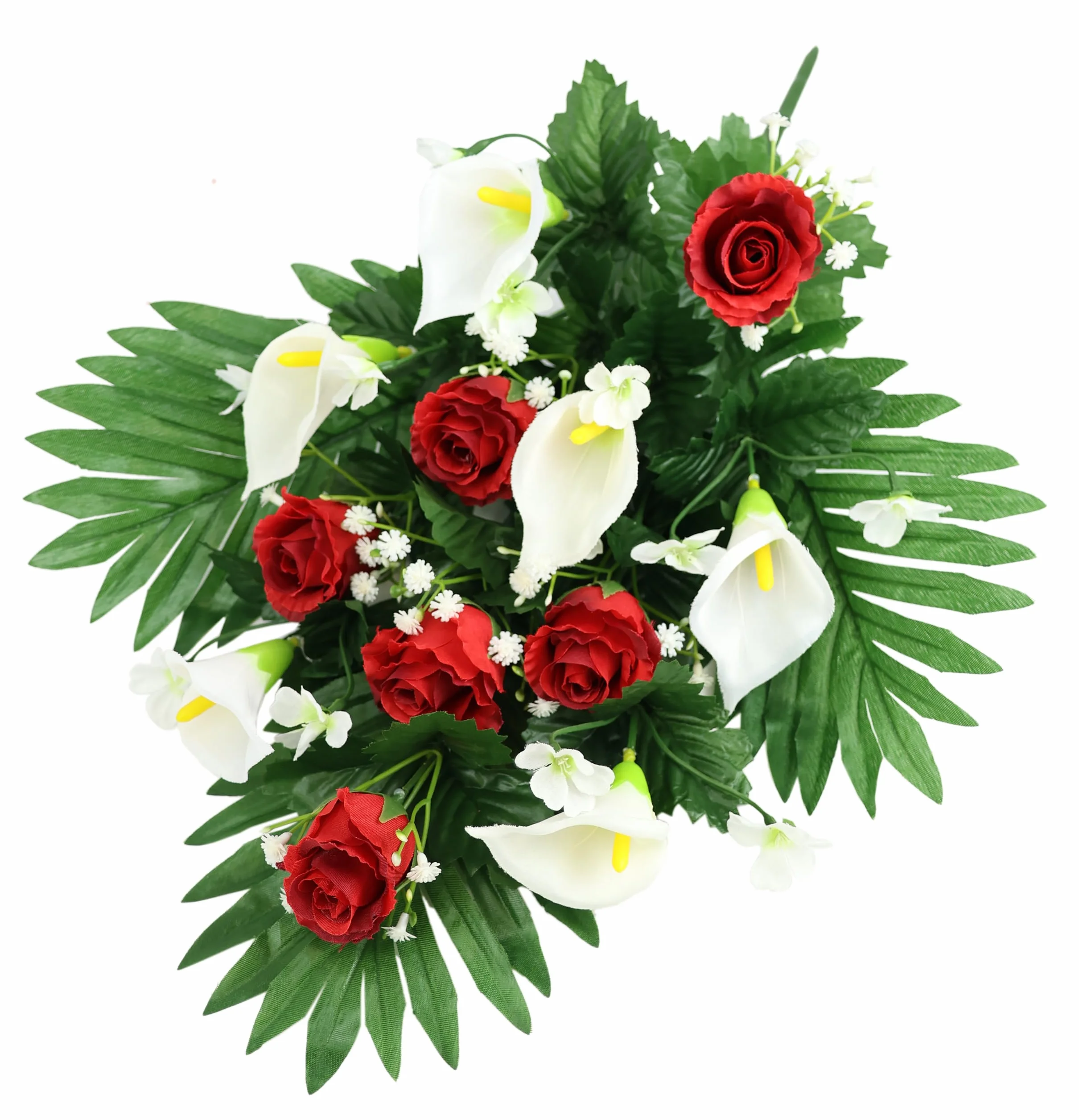 Ozdoba Nagrobna Ze Sztucznymi Różami i Kalią 48 cm, Dekoracja Cmentarna, Żałobna, Kwiaty, Stołu, Bukiet Jedwabnych Kwiatów