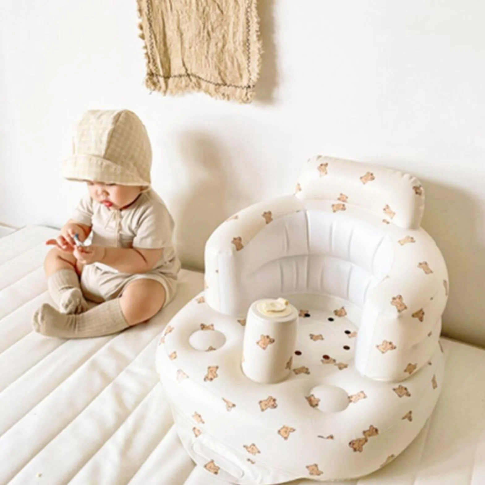 Krzesełko do Jedzenia dla Dzieci, Ochrona Kręgosłupa Nadmuchiwana Sofa dla Dzieci z rurką deflacyjną do Użytku na Zewnątrz w Domu (Wzór Troskliwego [gotowy magazyn])