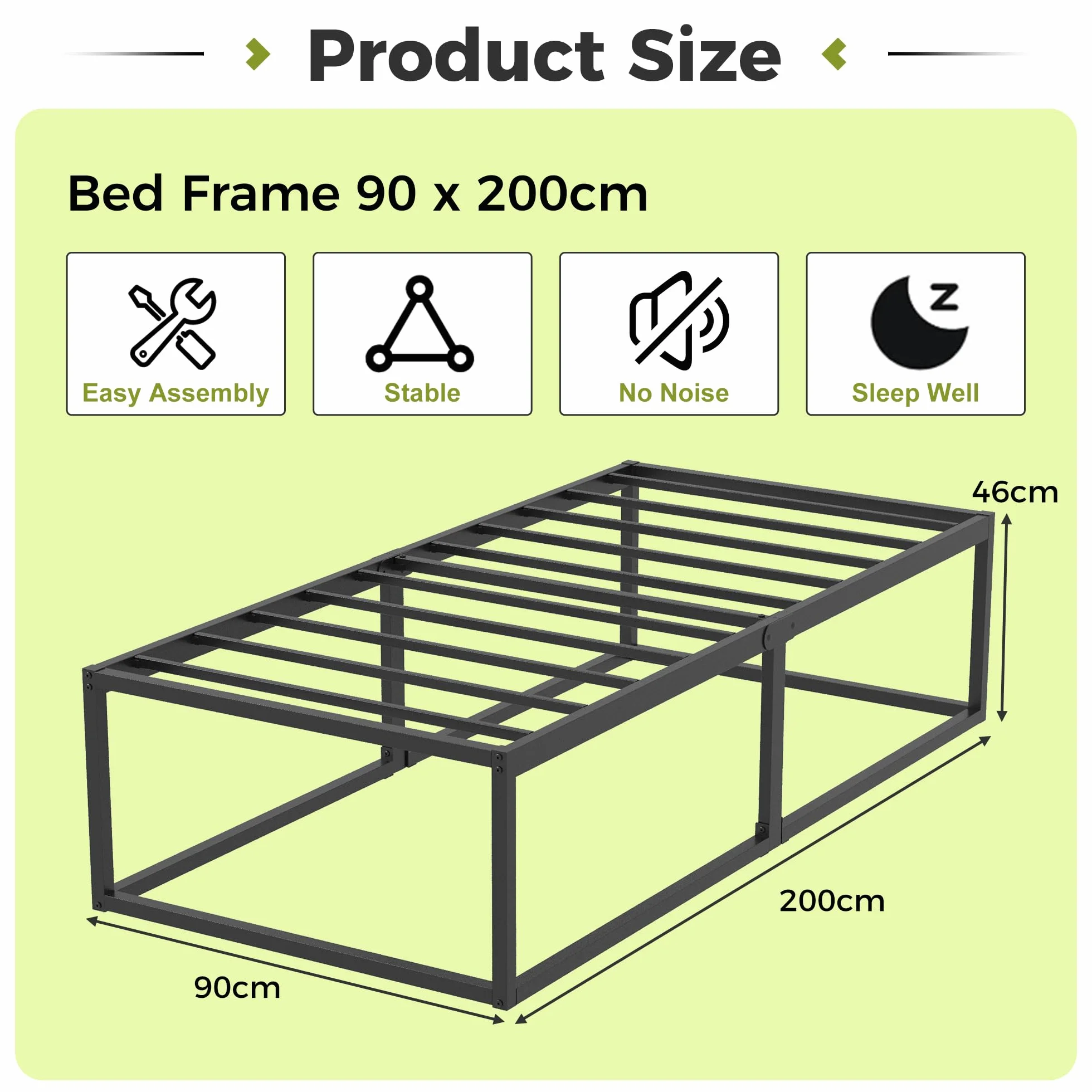 EMODA Rama łóżka o wysokości 46 cm, 90 x 200 cm, wytrzymała metalowa platforma, pojedyncze łóżko ze stalowymi listwami, duże przechowywanie pod łóżkiem, bezgłośny, łatwy montaż, czarny
