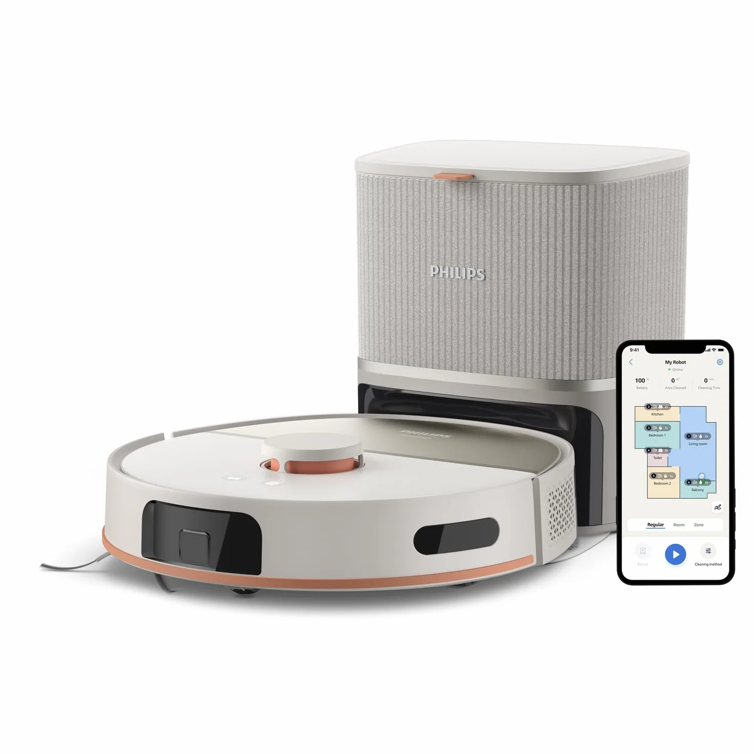 Philips HomeRun serii 5000 – robot odkurzająco-mopujący, 10 000 Pa, podwójne mopy, laserowa nawigacja, autoczyszczenie (S-bag®), app HomeRun, jedwabisty beż (XU5100/20)