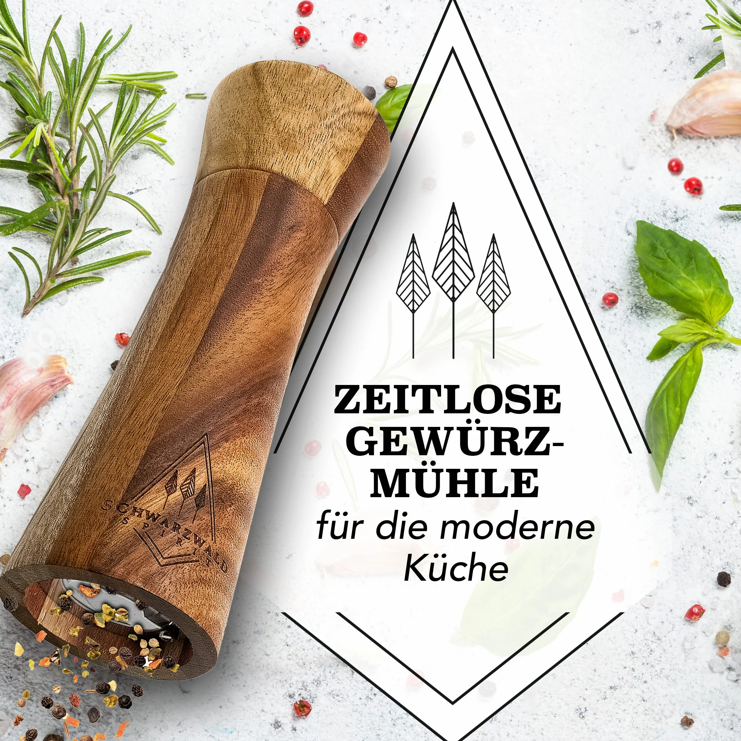 zestaw drewnianych młynków do pieprzu, soli i przypraw – szlachetne wykonanie – z ceramicznym mechanizmem mielącym, w komplecie z pędzlem do czyszczenia i książką z przepisami, ponadczasowy prezent (21 cm).