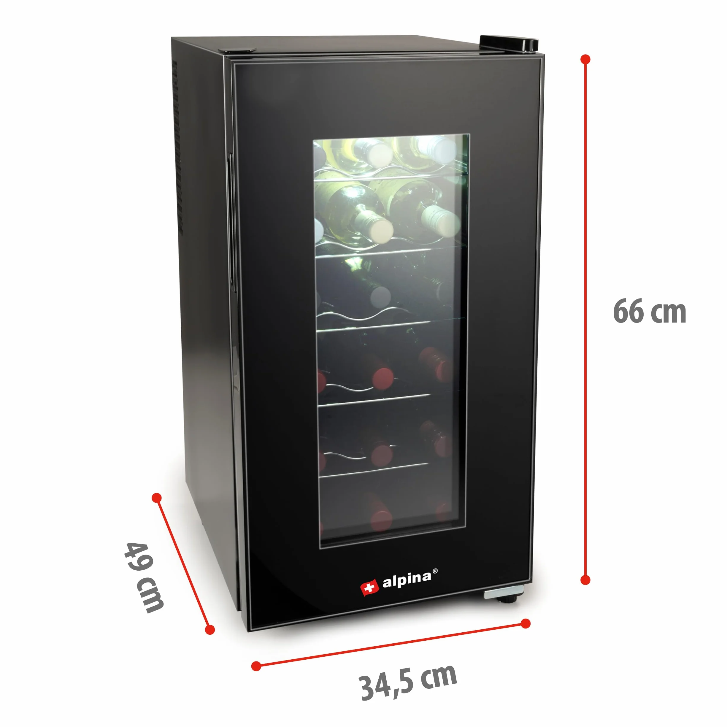 alpina Chłodziarka do wina - 230V - 18 butelek/50L - Lodówka do wina - Regulacja temperatury od 11°C do 22°C - Szyba drzwiowa i oświetlenie wewnętrzne - Niski lub brak hałasu - Czarna