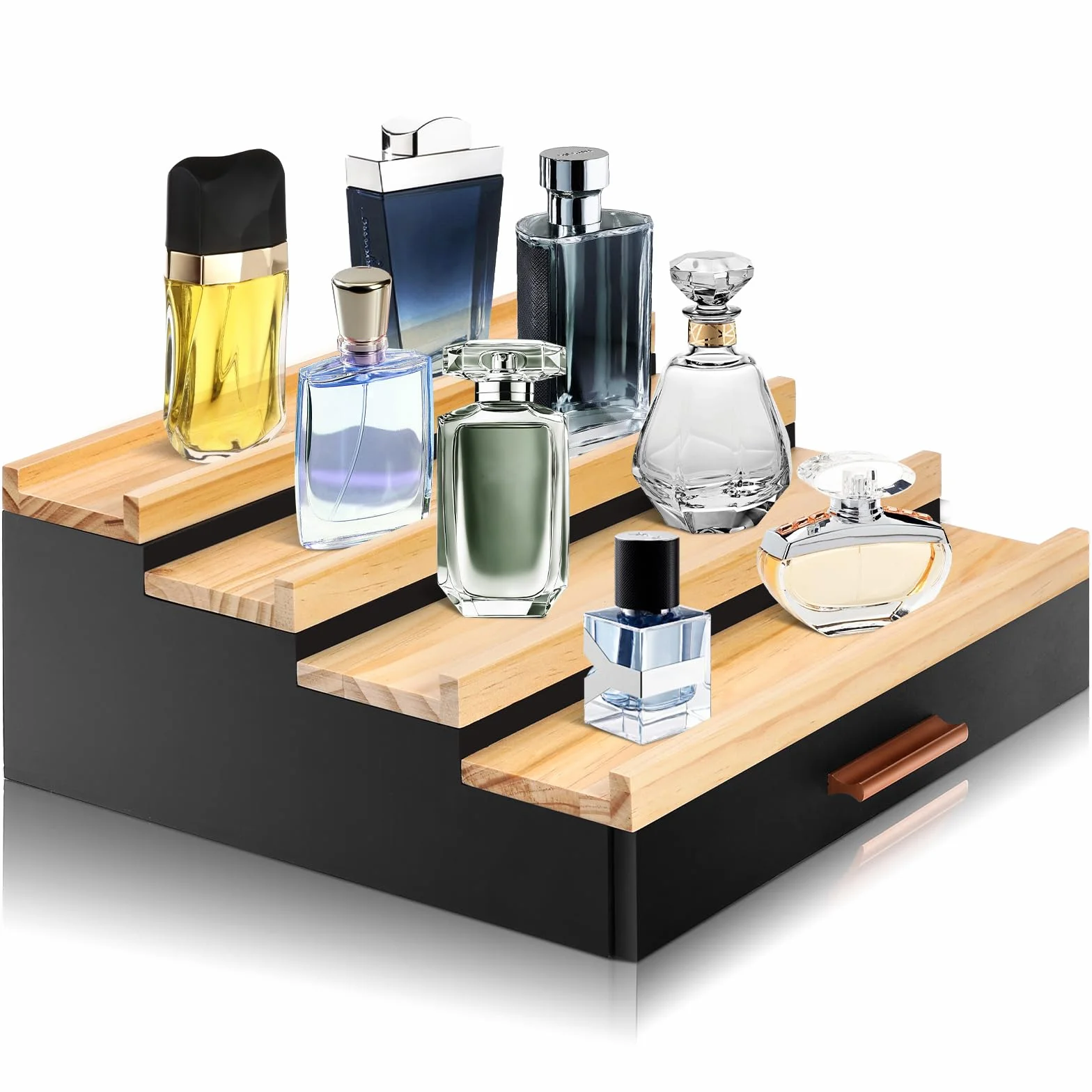 Drewniany organizer na perfumy – 3-poziomowy stojak na perfumy z drewna, z szufladą i ukrytą półką
