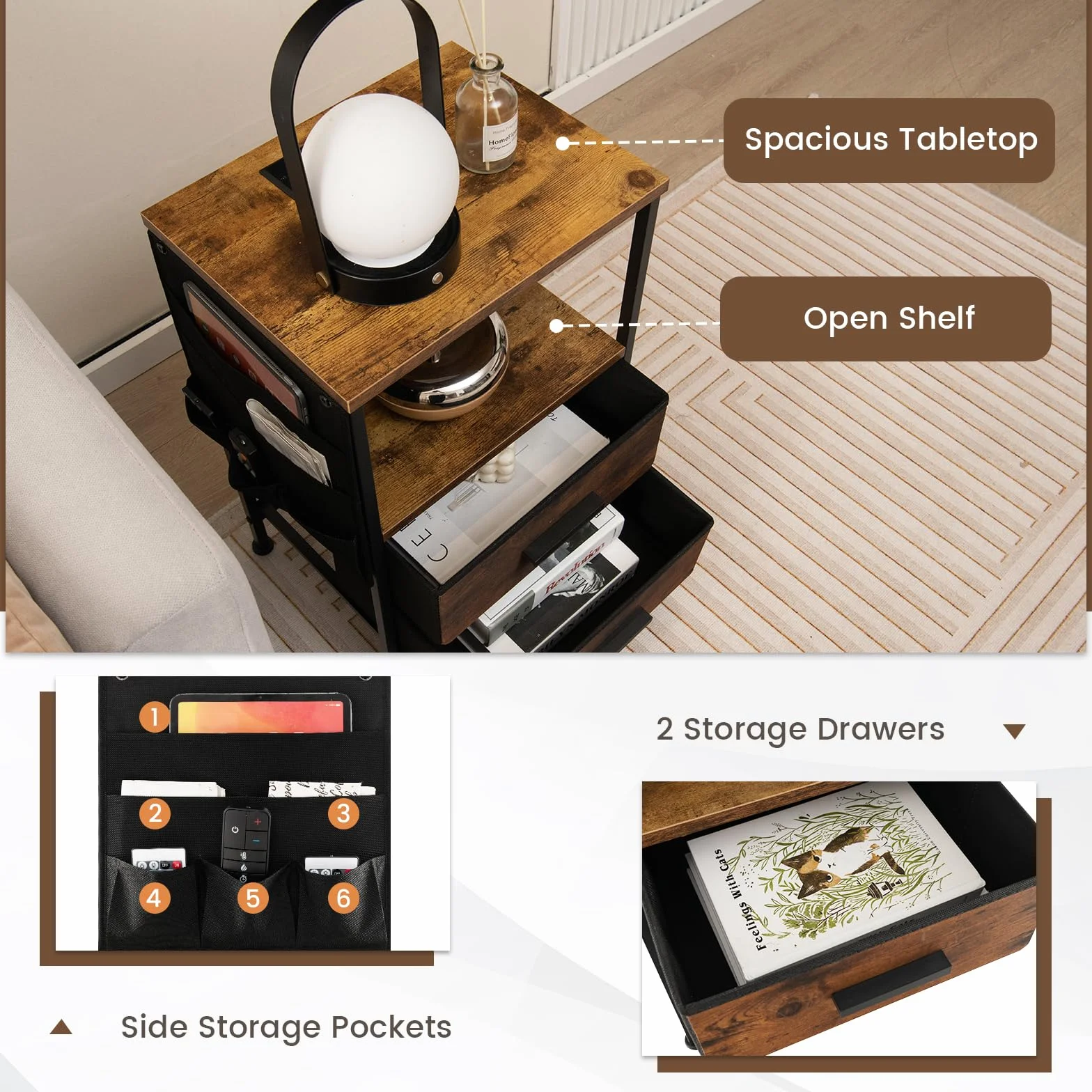 GIANTEX Stolik nocny ze stacją ładującą, zestaw 2 szt. z portami USB i gniazdkami, stolik pomocniczy, stolik kawowy z 2 szufladami i 6 kieszeniami bocznymi, komoda nocna, 38 x 30 x 60 cm