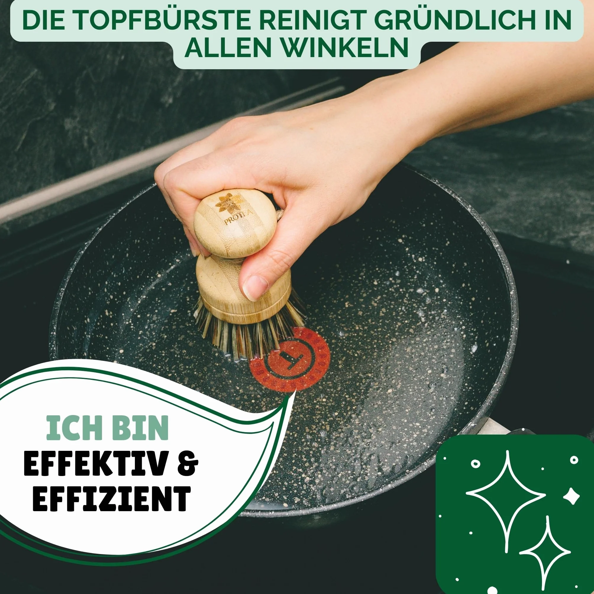 PROTEA Szczotka do garnków z wymiennymi głowicami (zestaw 3 szt.) – ekologiczna szczotka do mycia naczyń i zlewozmywaków kuchennych – wymienne szczotki – nie rysuje – zestaw szczotek bambusowych