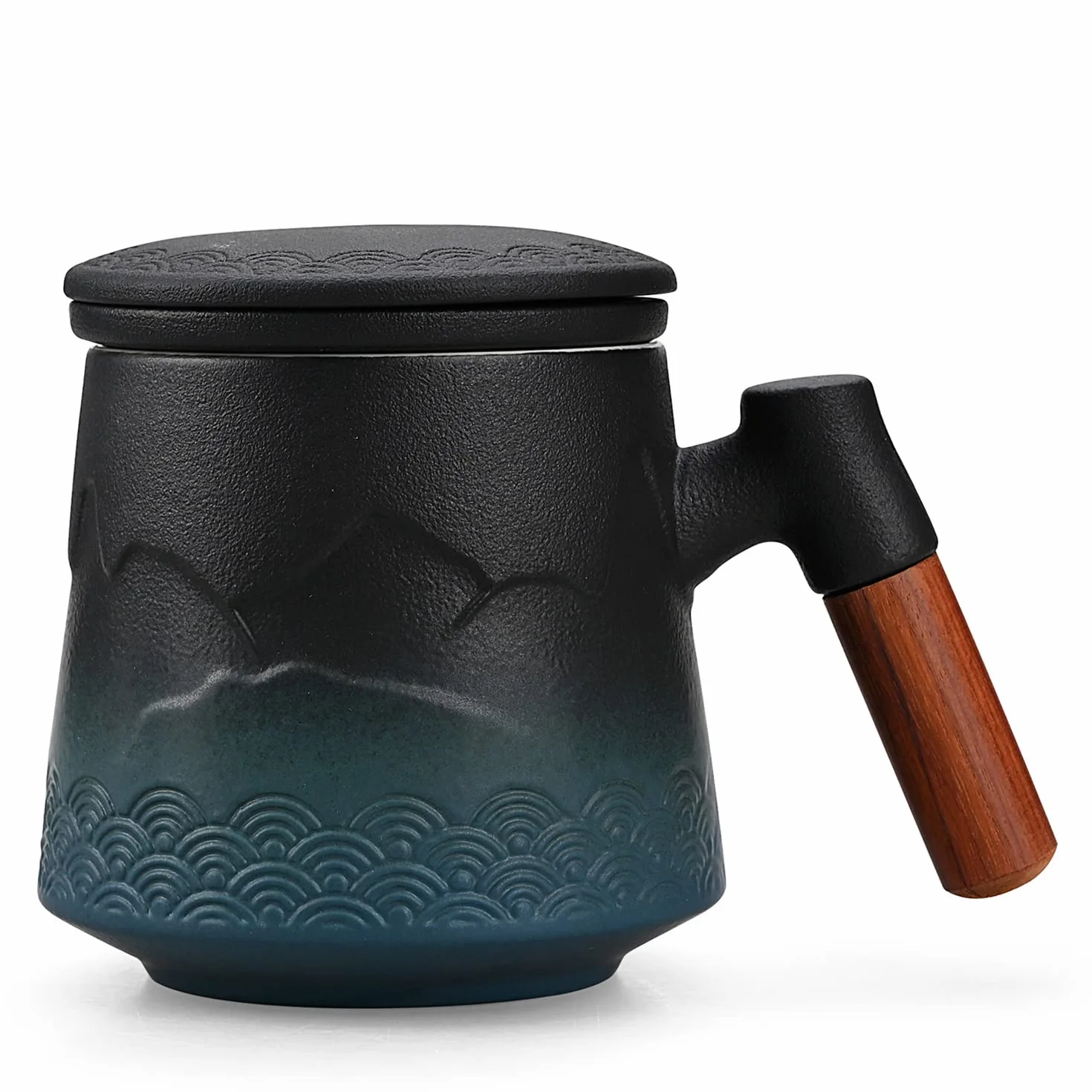 Filiżanka z zaparzaczem i pokrywką, kubek do herbaty stopniowej z zaparzaczem i drewnianym uchwytem, ceramiczny kubek do kawy z pokrywką herbata 430 ml / 15 uncji (gradient niebieski)
