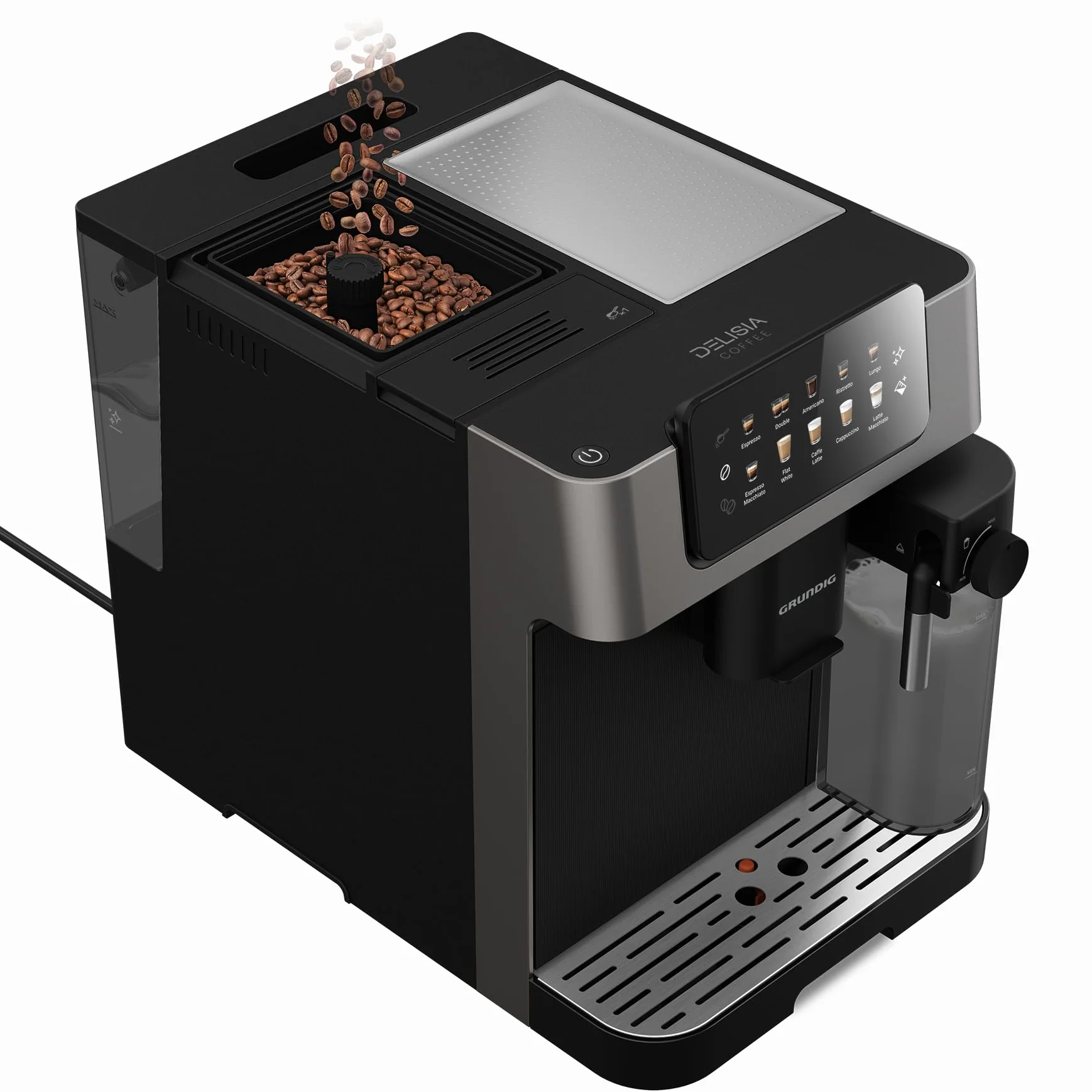 Grundig KVA 7230 ekspres do kawy, 10 specjałów do kawy, 13 stopni mielenia, pojemnik na mleko, wydajny 1350 W, ciśnienie pompy 19 bar, podwójna dysza, oświetlenie, czarny/ciemny srebrny