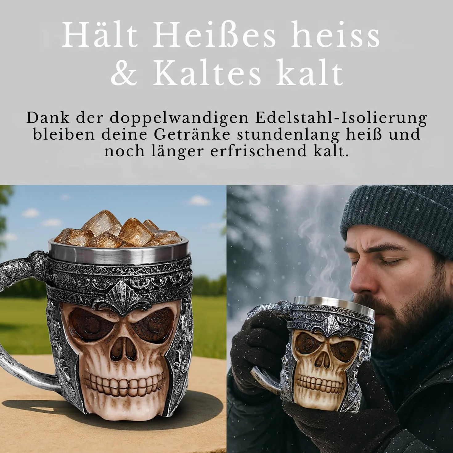 Kubek premium 3D z czaszką ze stali nierdzewnej do napojów takich jak kawa, herbata, cappuccino, piwo | Kubek z głową czaszki Wikingów z designem szkieletu czaszki (1)