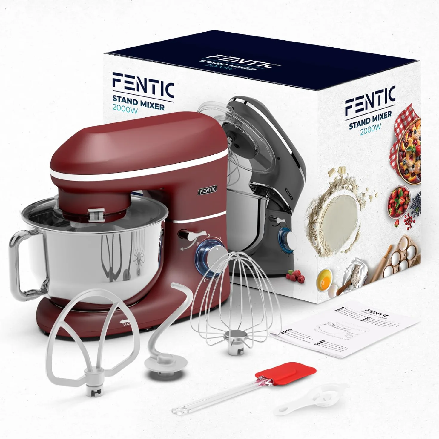 Robot kuchenny - 2000 W - miska do mieszania ze stali nierdzewnej (6,2 l) - mikser kuchenny z hakiem do mieszania, hakiem do zagniatania, trzepaczką i ochroną przed pryskaniem - w zestawie