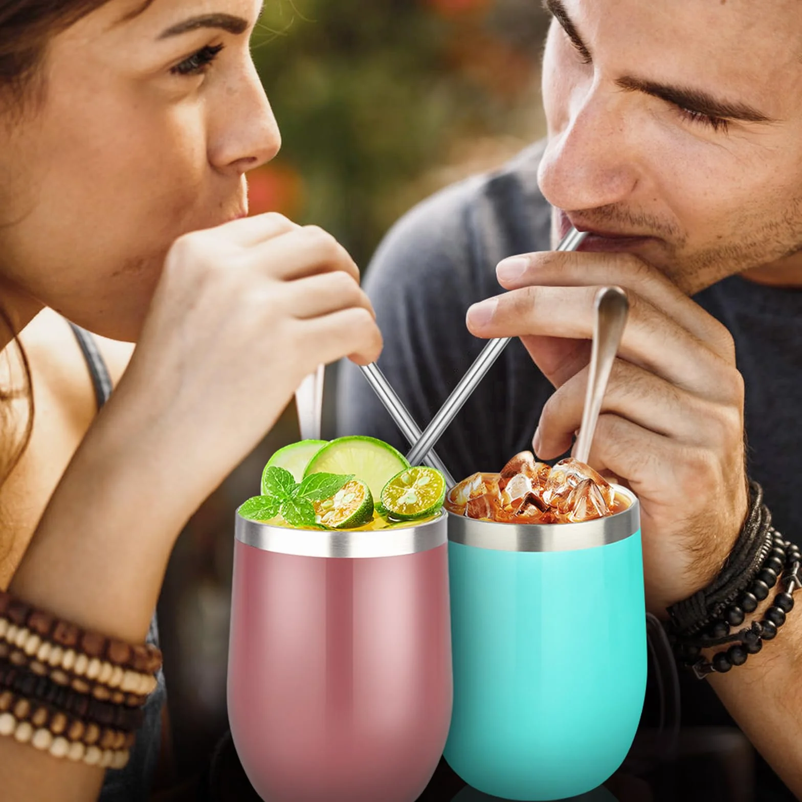 NUZEKY Szklanki do wina ze stali nierdzewnej z pokrywką: 350 ml izolowany próżniowo kubek z podwójną ścianką - 4 opakowania kubków do kawy luzem do gorących i zimnych napojów