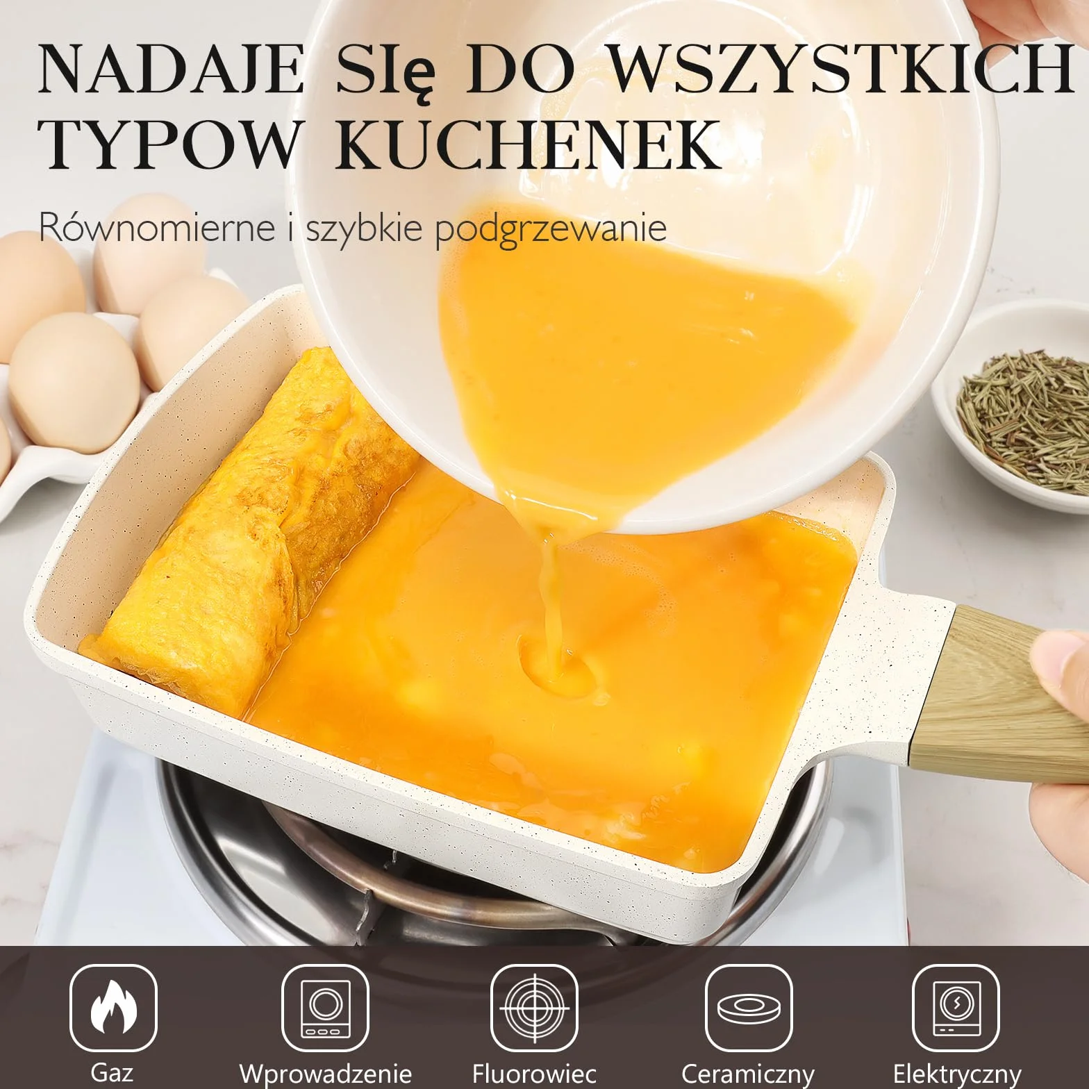 GiPP Tamagoyaki patelnia indukcyjna, 18 x 13 cm, japońska patelnia do omletów, wszechstronna mała patelnia do smażonych śniadań, jajek, kiełbas, boczku, sera, Biały