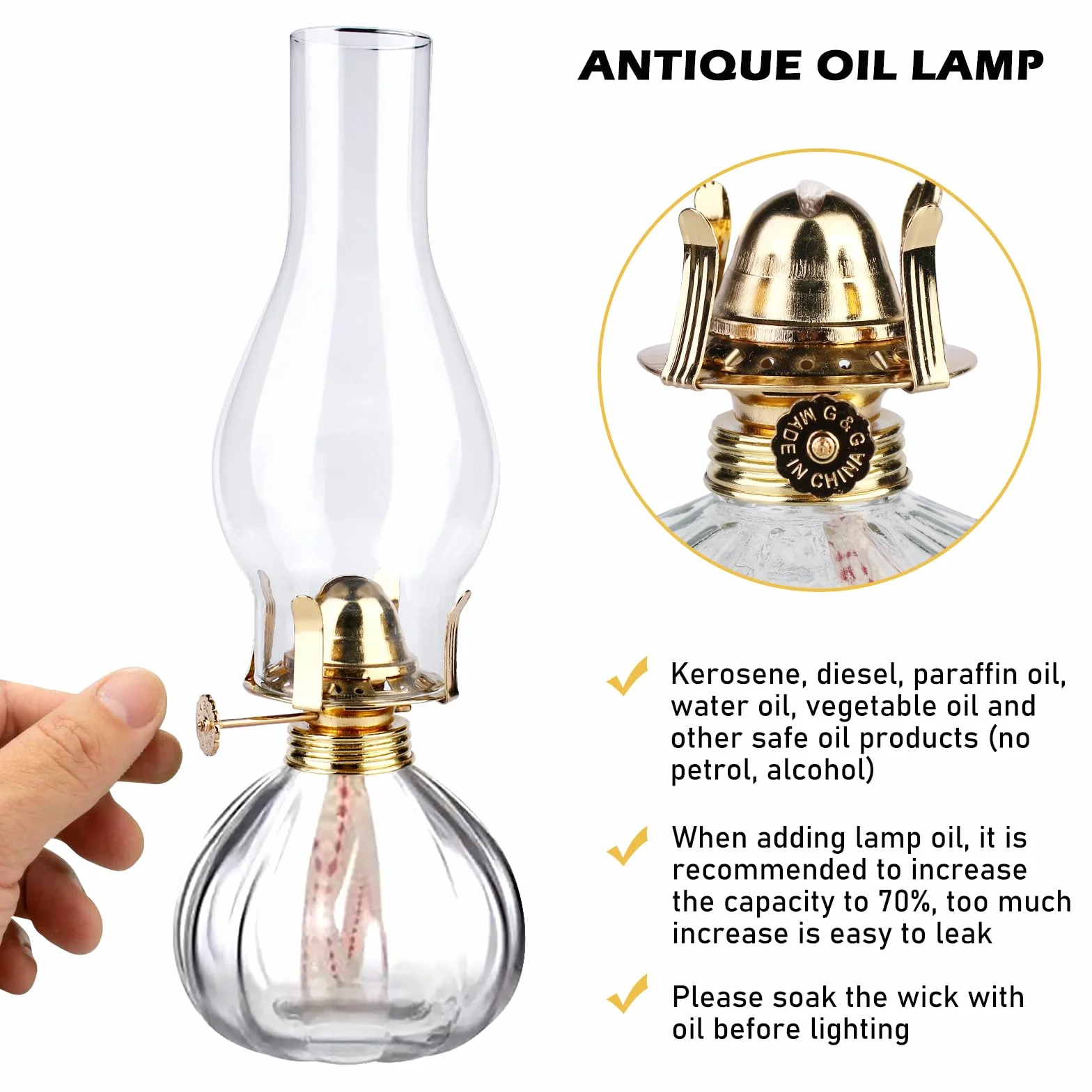 Szklana lampa naftowa do wnętrz, 2 sztuki lamp olejowych ze szkła, lampa naftowa w stylu vintage, klasyczne lampy naftowe z regulowanym płomieniem, lampa naftowa w stylu retro, lampa olejowa do