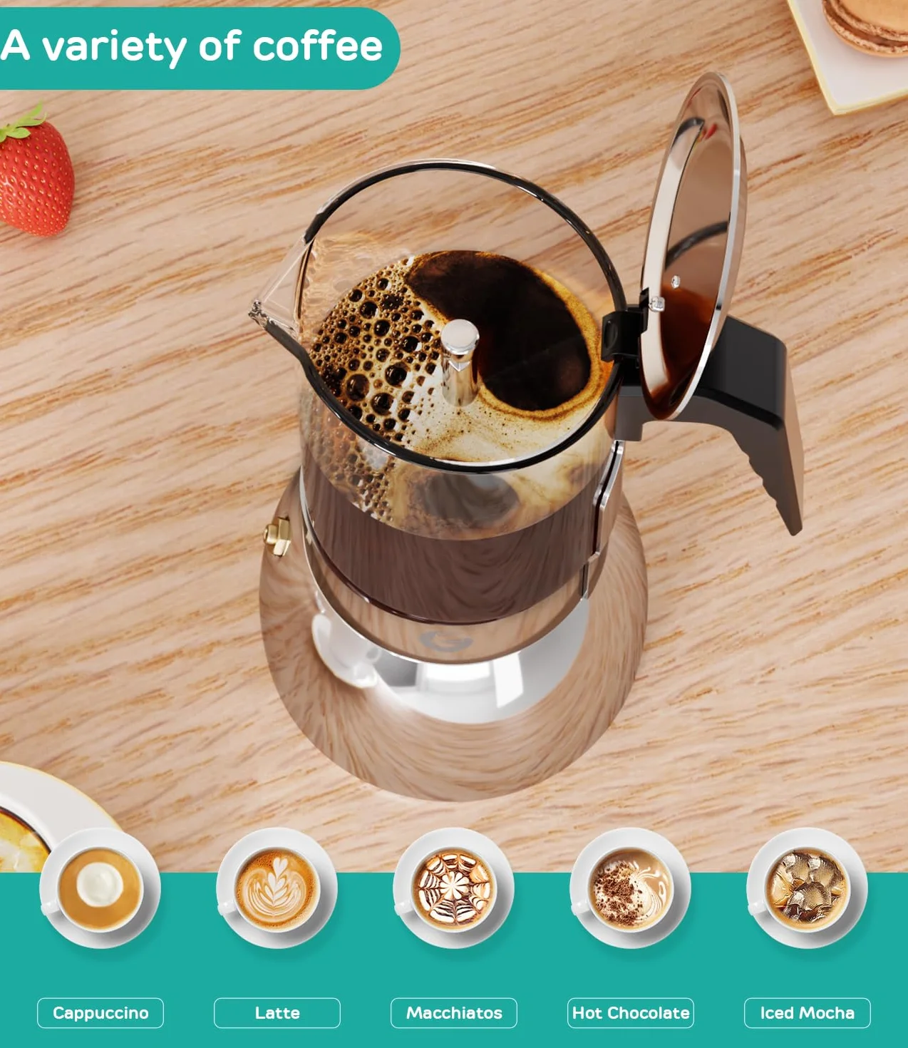 Coffee Gator 9 filiżanek Moka Pot, 450 ml kuchenka ekspres do kawy włoskiej, przezroczyste szkło i konstrukcja ze stali nierdzewnej, srebrny