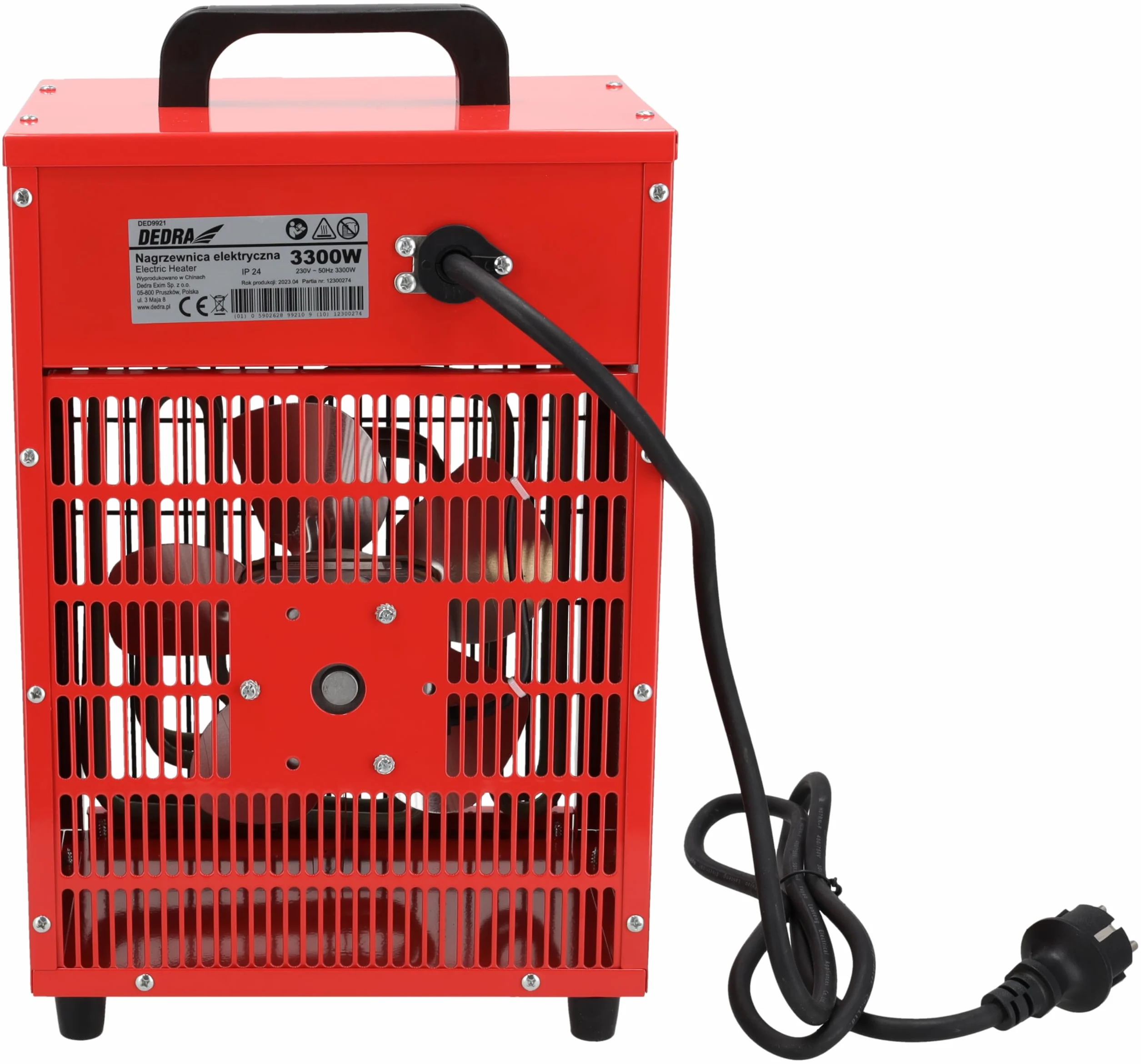 Dedra DED9921 – nagrzewnica elektryczna 3,3 kW, 230 V, 3 tryby pracy (wentylator, 1650 W, 3300 W), termostat, zabezpieczenie przed przegrzaniem, metalowa obudowa, uchwyt transportowy, do ~ 35m2