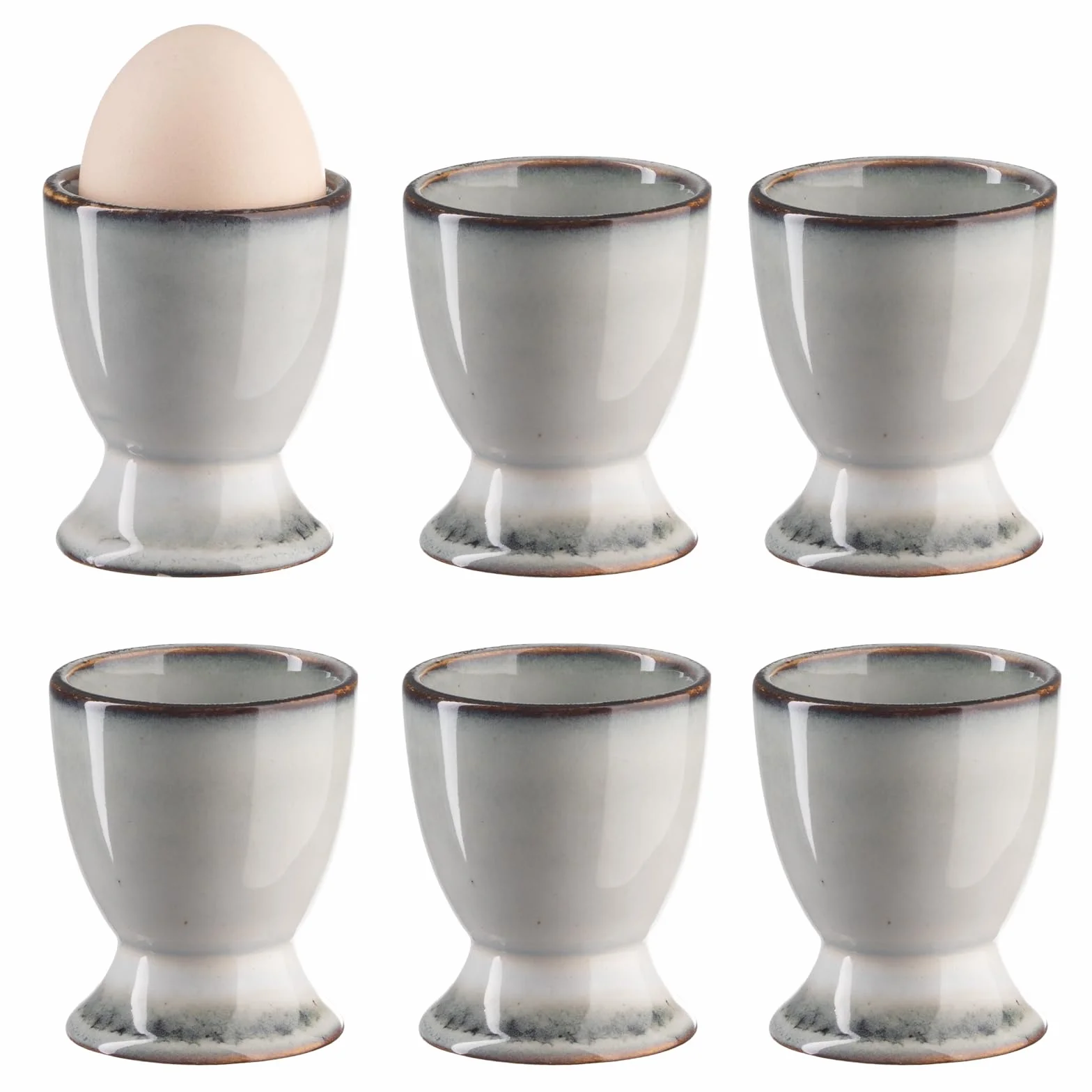Zestaw 6 kieliszków do jajek na jajka, porcelanowy, ceramiczny, na każdy stół śniadaniowy, jajka na twardo i miękko, szary, 6 łyżeczek (Y6) (G6)
