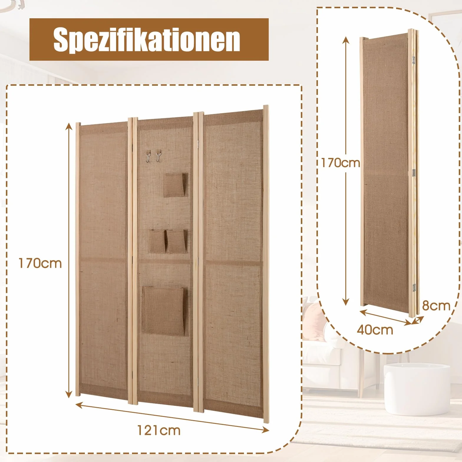 COSTWAY Parawan 170 x 121 cm, ścianka działowa z 2 haczykami, 1 duża i 3 małe torby do przechowywania, 3-częściowa ścianka działowa składana, wygląd lnu, drewniana rama, ochrona przed wzrokiem do