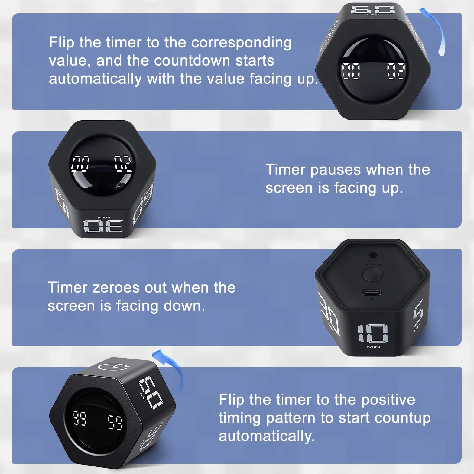 Cuteefun Cube Timer, sześciokątny cyfrowy zegar obrotowy, 1-5-10-30-60 min, cichy, wibracyjny, regulacja głośności, czarny
