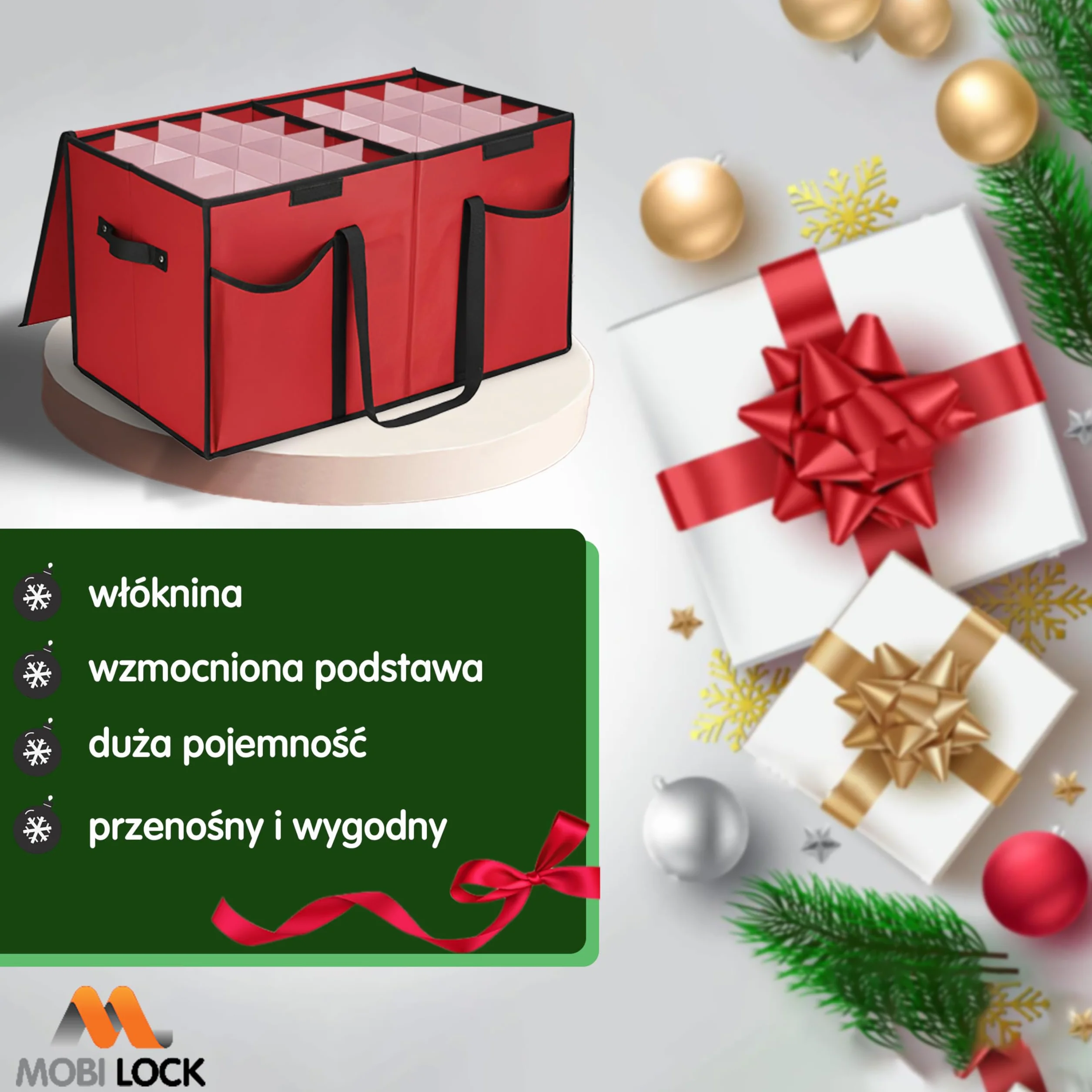 Pudełko na ozdoby świąteczne z przegrodami i kieszeniami - Mieści 128 bombek - Wytrzymała czerwona tkanina z uchwytami - Składane - Organizer na święta - od Mobi Lock