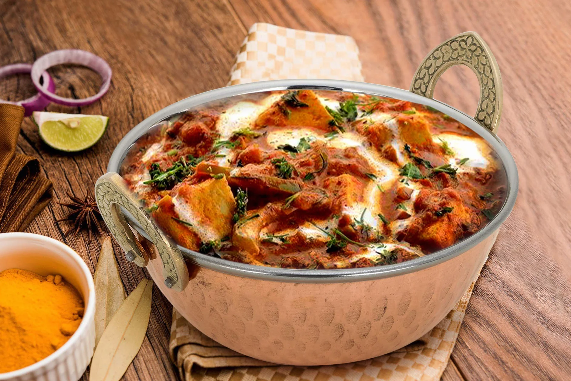 Zap Impex Indyjskie naczynie do serwowania miedziane młotkowane karahi ze stali nierdzewnej do serwowania indyjskich naczyń z curry 2-częściowy zestaw, średnica 13 cm