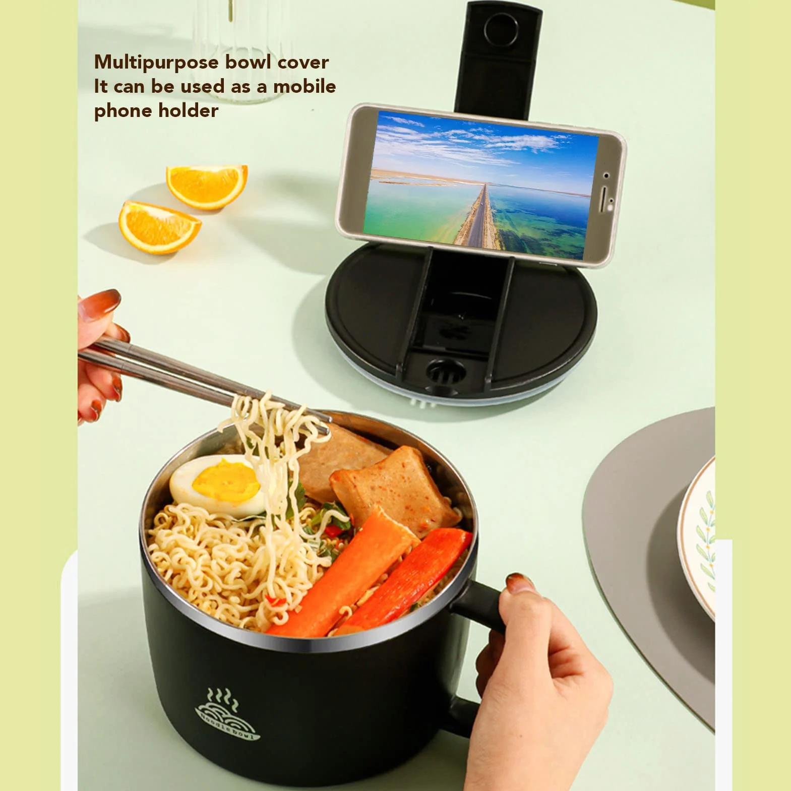 Mikrofalowa miska makaronowa, mikrofalowa miska ramen Zestaw z pokrywką Spork pałeczki 1200 ml przenośna miska zupa z uchwytem Uchwyt telefonu Instant Makoder Office for Dorm