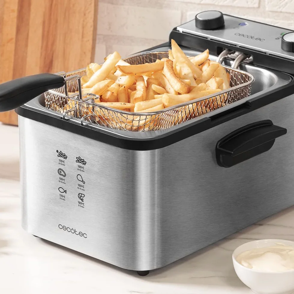 Cecotec Elektryczna frytkownica CleanFry Infinity – pojemność 1,5 l - 4 l, filtr i olej, temperatura do 190ºC, nadaje się do zmywarek do naczyń (pełna stal nierdzewna, 3 litry)