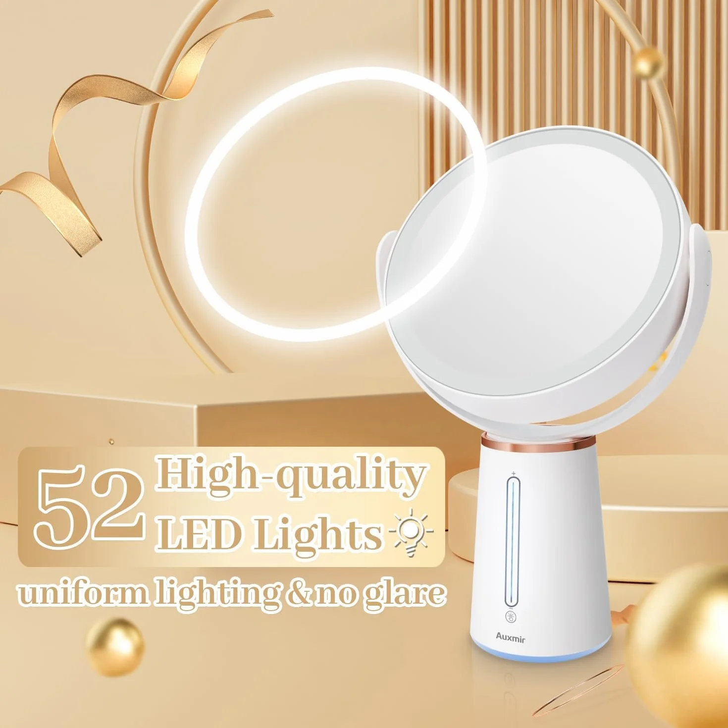 Auxmir Lusterko do makijażu ze światłami, dwustronne lusterko powiększające 10 x 1 x 2500 mAh, ładowane przez USB, z 52 diodami LED i 10 jasnością, obrotowe o 360°, do sypialni, łazienki