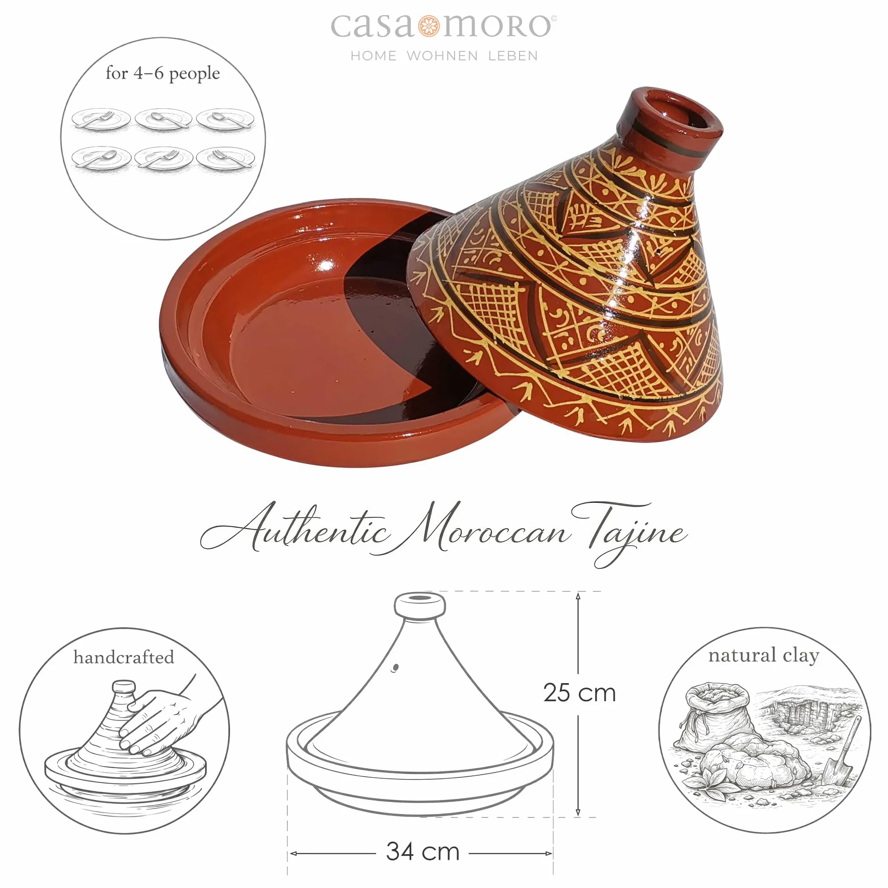 Casa Moro Marokański tadżin Agadir Ø 34 cm glazurowany | gotowanie dla maksymalnie 6 osób | jakość premium | gliniany garnek ogrodowy z Marrakeszu | MT7071