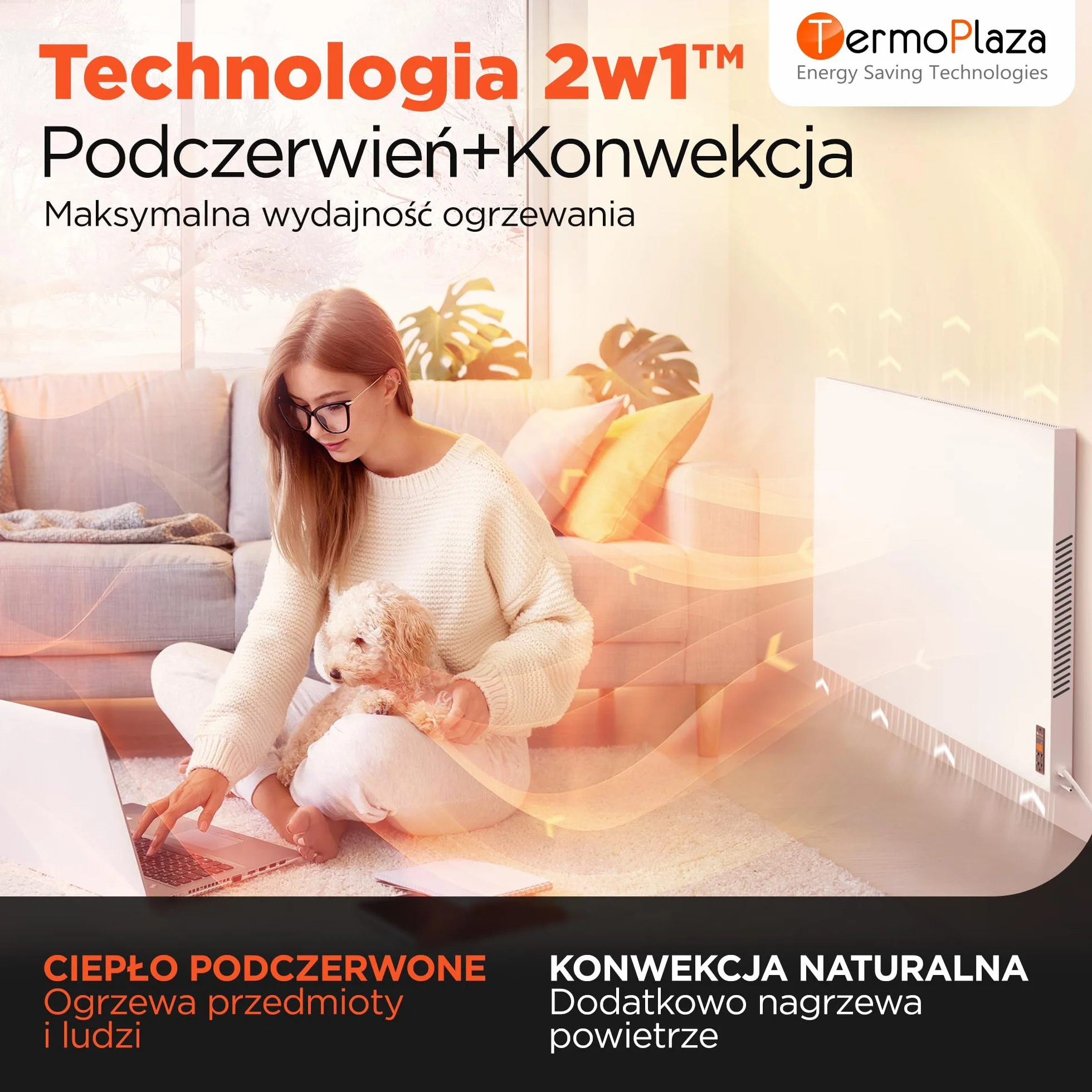 TermoPlaza WiFi Grzejnik na podczerwień z termostatem 1100 W do 28 m² | Inteligentny grzejnik ścienny i stojący | Energooszczędny elektryczny grzejnik konwektorowy do domu i łazienki