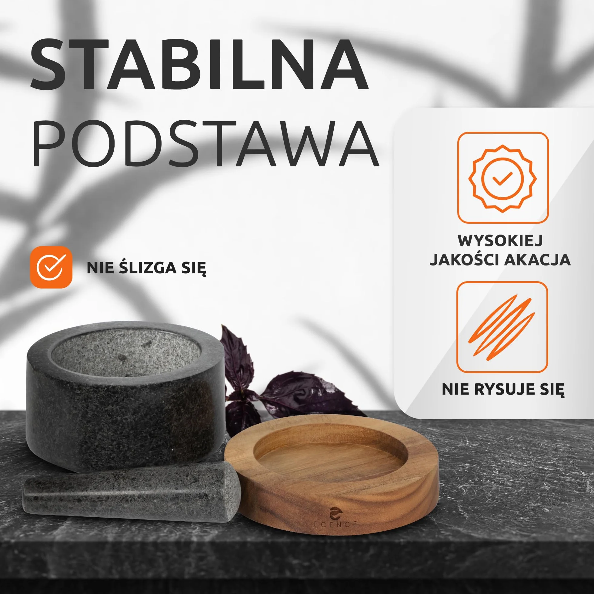 ECENCE Drewniany i Granitowy Moździerz i Tłuczek Zestaw tłuczków i Moździerzy do Przypraw dla Doskonałego Kruszenia Duży Kamienny Moździerz i Tłuczek Granit i Drewno Akacjowe Ø15,5cm