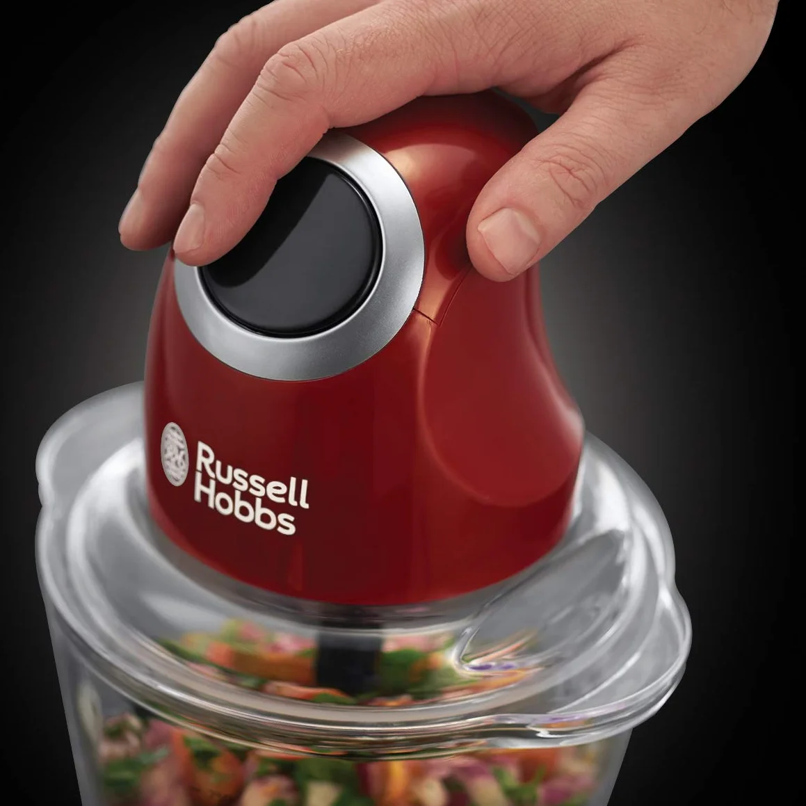 Russell Hobbs rozdrabniacz do warzyw, funkcja rozdrabniania, dwuskrzydłowe ostrza, ostrza ze stali nierdzewnej, szklany pojemnik, pojemność 0,5l, moc 200W, czerwony, Desire 24660-56
