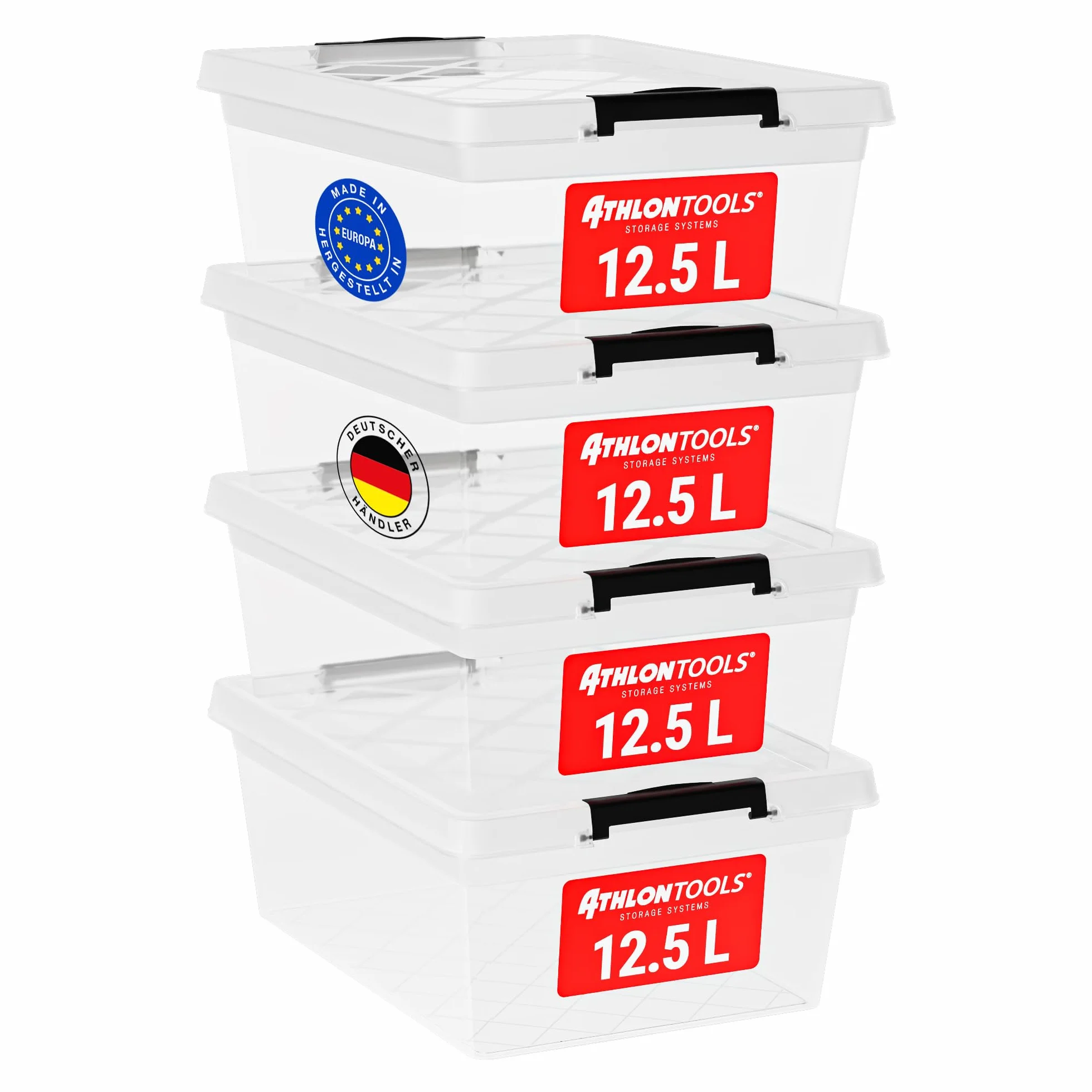ATHLON TOOLS 4 x 12,5 l pudełka do przechowywania z pokrywką, przeznaczone do kontaktu z żywnością – klipsy zamykające – 100% nowe tworzywo sztuczne, przezroczyste