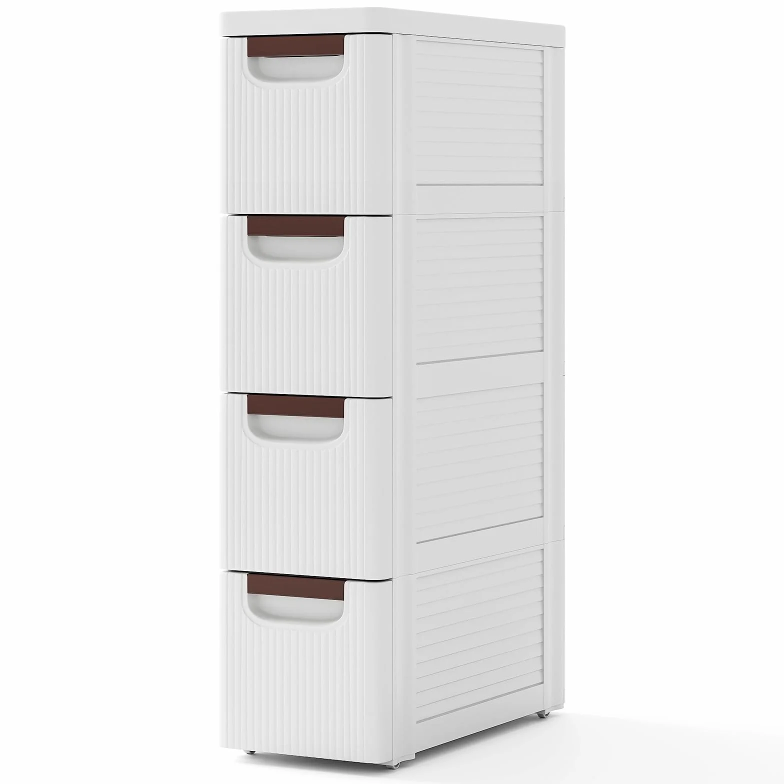 COSTWAY Wąska szafka wnękowa z rolkami, regał wnękowy 20 cm szerokości, wózek wnękowy z 4 szufladami, wózek łazienkowy do łazienki, klasy, studia i salonu, biały, 42 x 19 x 74 cm