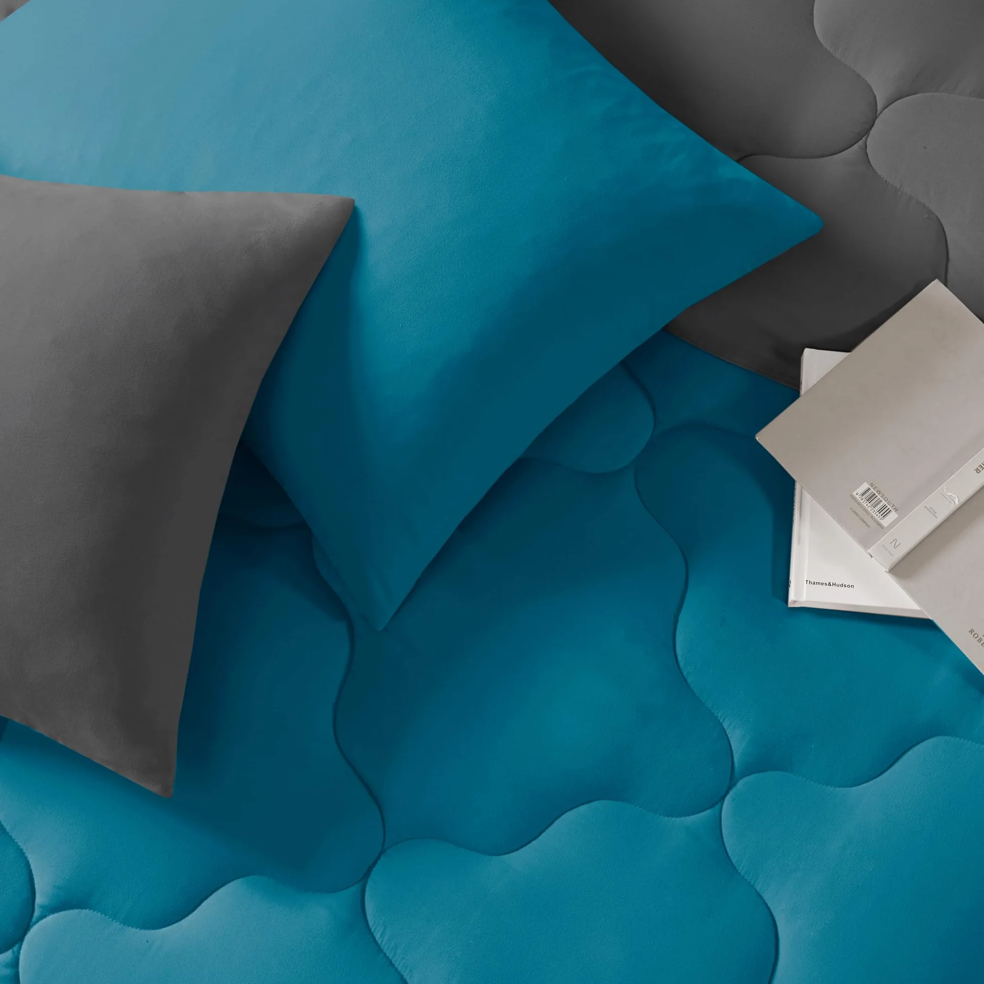Comfort Spaces Vixie Reversible Comforter Set - Trendy Casual Geometric Quilted Cover, All Season Down Alternative Cozy Bedding, Matching Sham, Teal/Charcoal, Full/Queen 3 piece