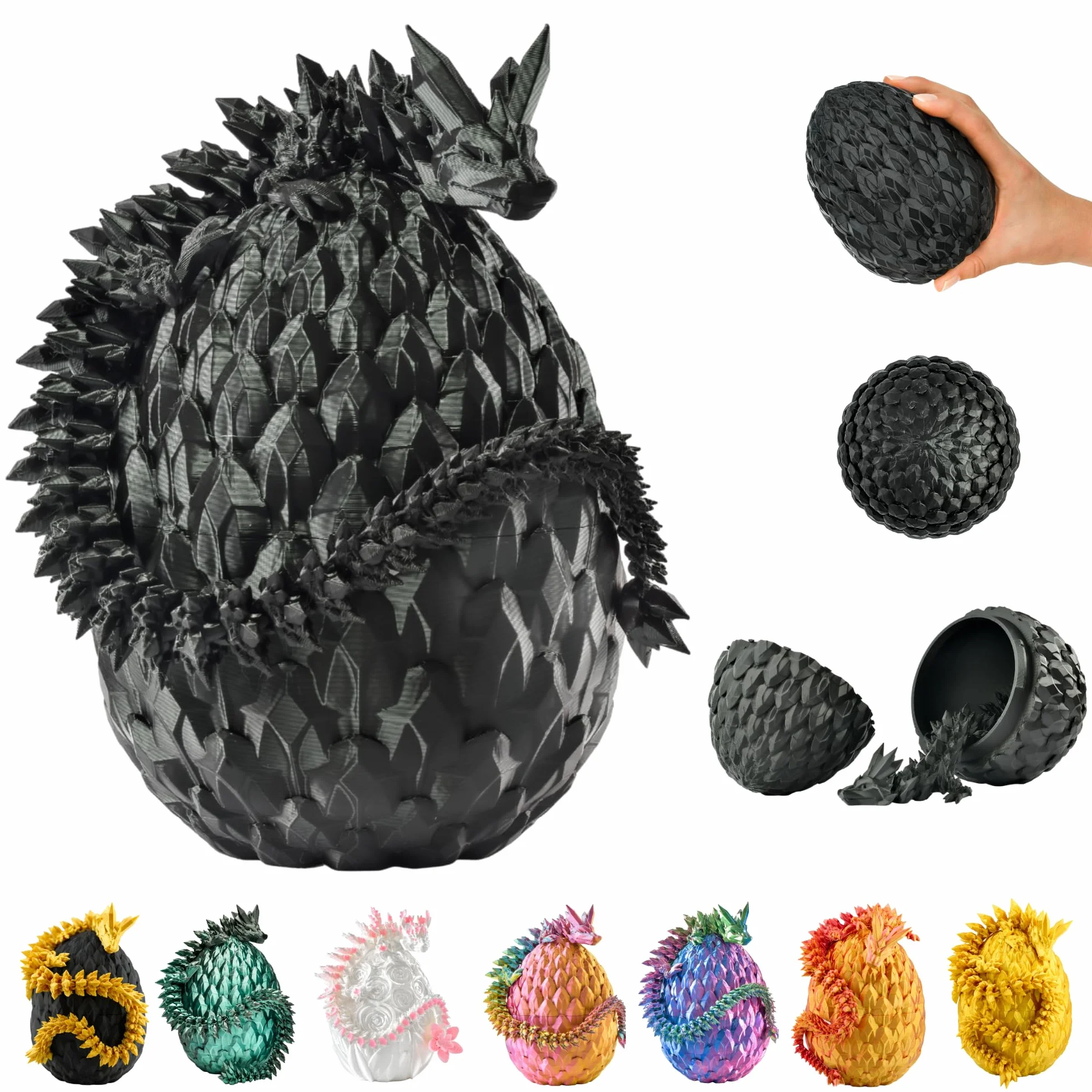 Smok 3D w jajku – jajko smoka ze smokiem, 30 cm, duże jajko 10 cm, wykluwający się smok niespodzianka w kolorze czarnym, ruchoma zabawka fantasy i figurka kolekcjonerska dla dzieci i dorosłych
