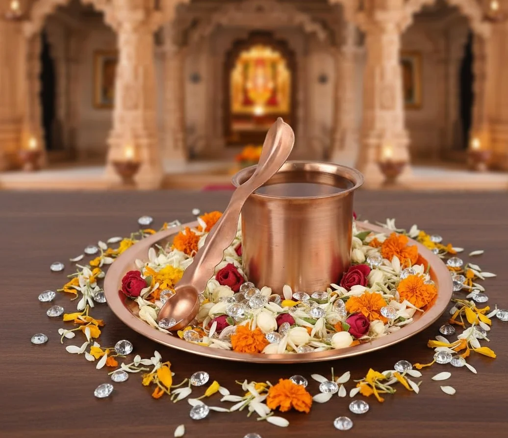 BRACOP® Czysty miedziany garnek Lota Kalash Hindu Panch Patra z okrągłym talerzem Łyżka Havan Indyjskie akcesoria do Pooja Ręcznie robiony kubek do serwowania Miedziane przybory domowe świątyni