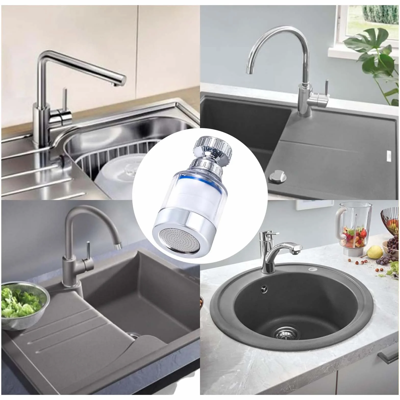 2 sztuki filtrów do wody, kran, filtr 360°, 6 sztuk bawełnianego elementu filtrującego PP i uniwersalnym adapterem, filtr do kranu do domu, kuchni, łazienki, umywalki