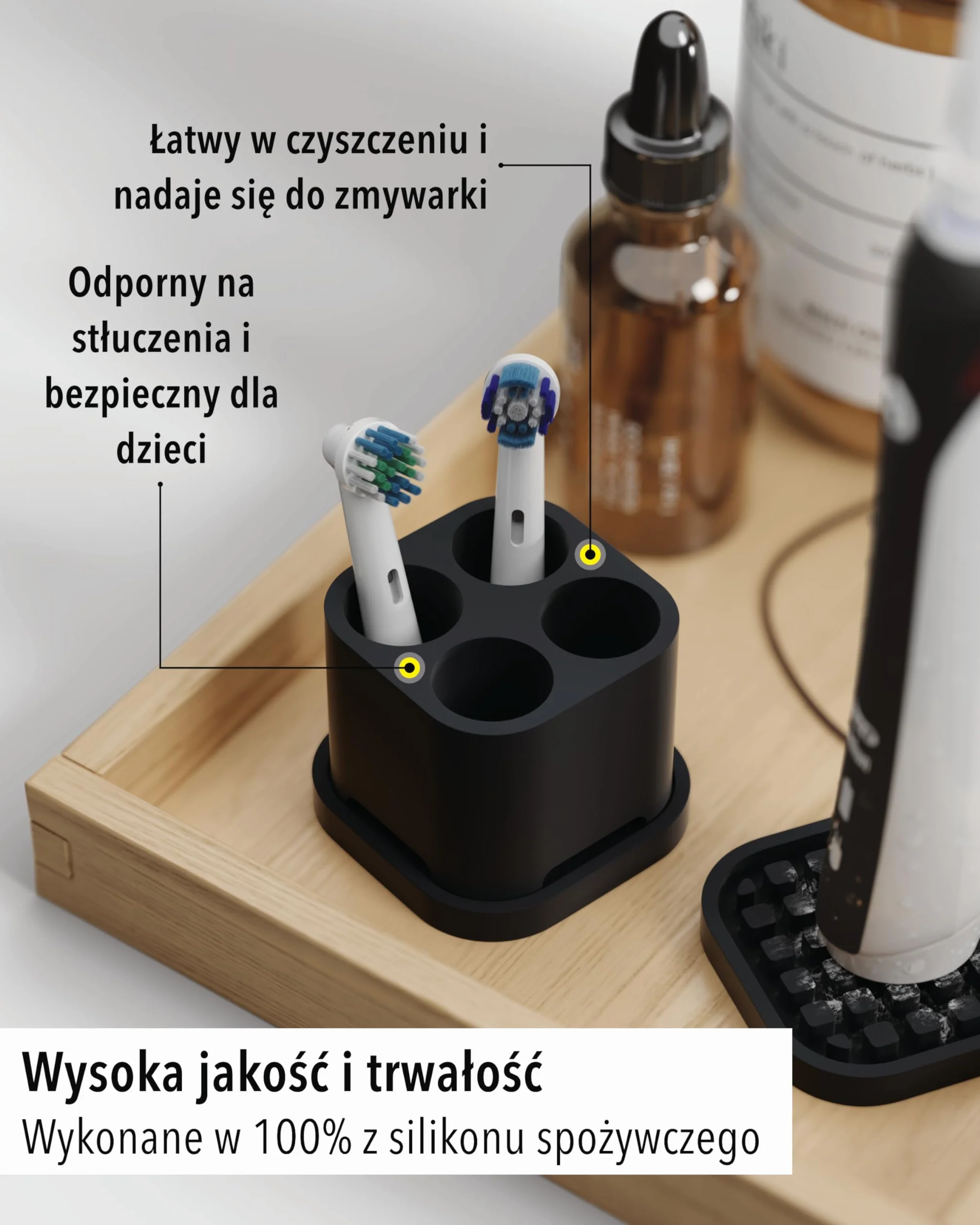 Uchwyt na 4 końcówki i szczoteczki do zębów Silikon spożywczy Czarny Kompatybilny z Oral-B iO Philips Sonicare Waterpik Fairywill