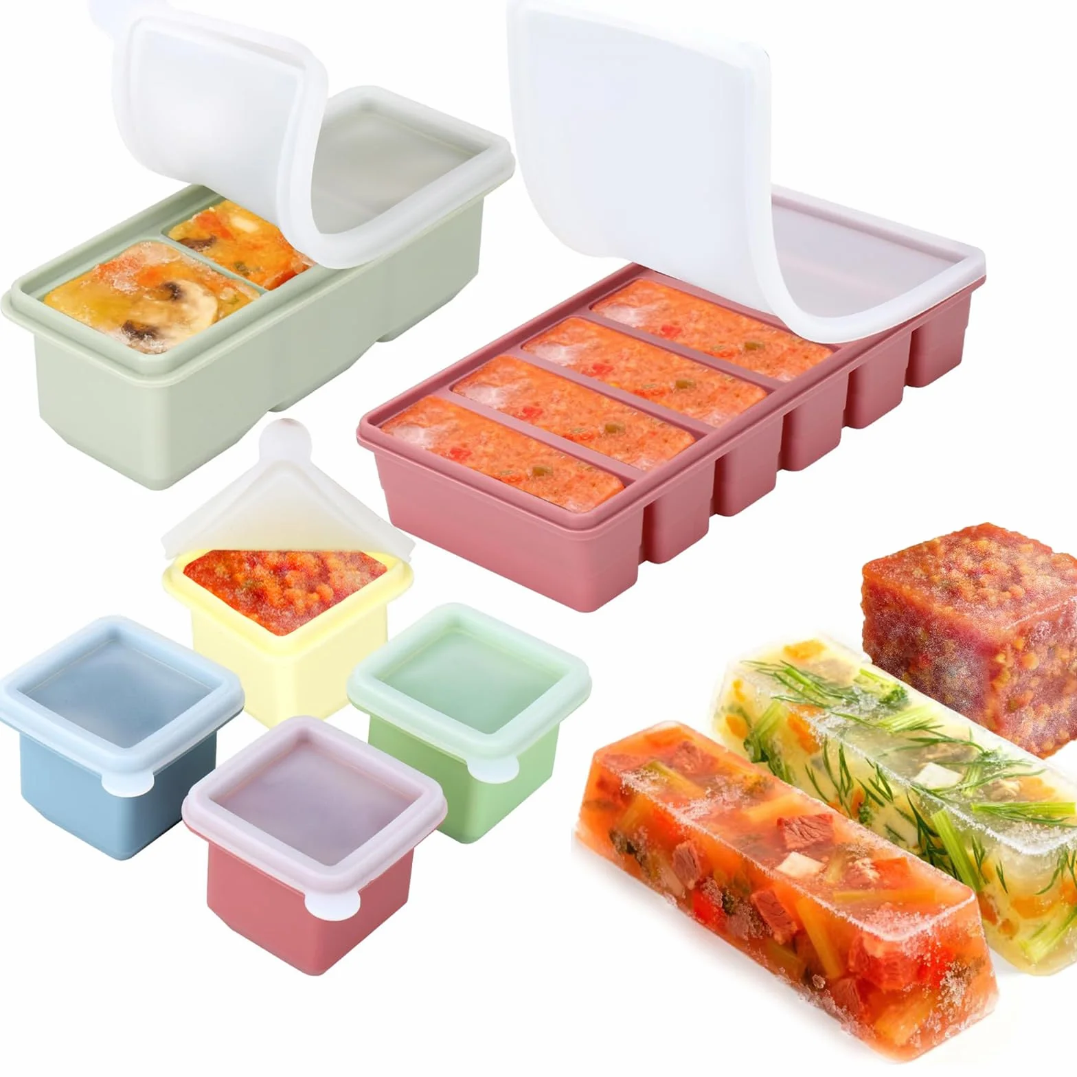 Silikon Ice Cube Tray z zestawem pokrywek, 6 sztuk – 4 x 125 ml pojedyncze porcje, 3 × 125 ml wielozadaniowy i 6 x 100 ml pojemniki do zamrażania, bez BPA pojemnik do przechowywania Z