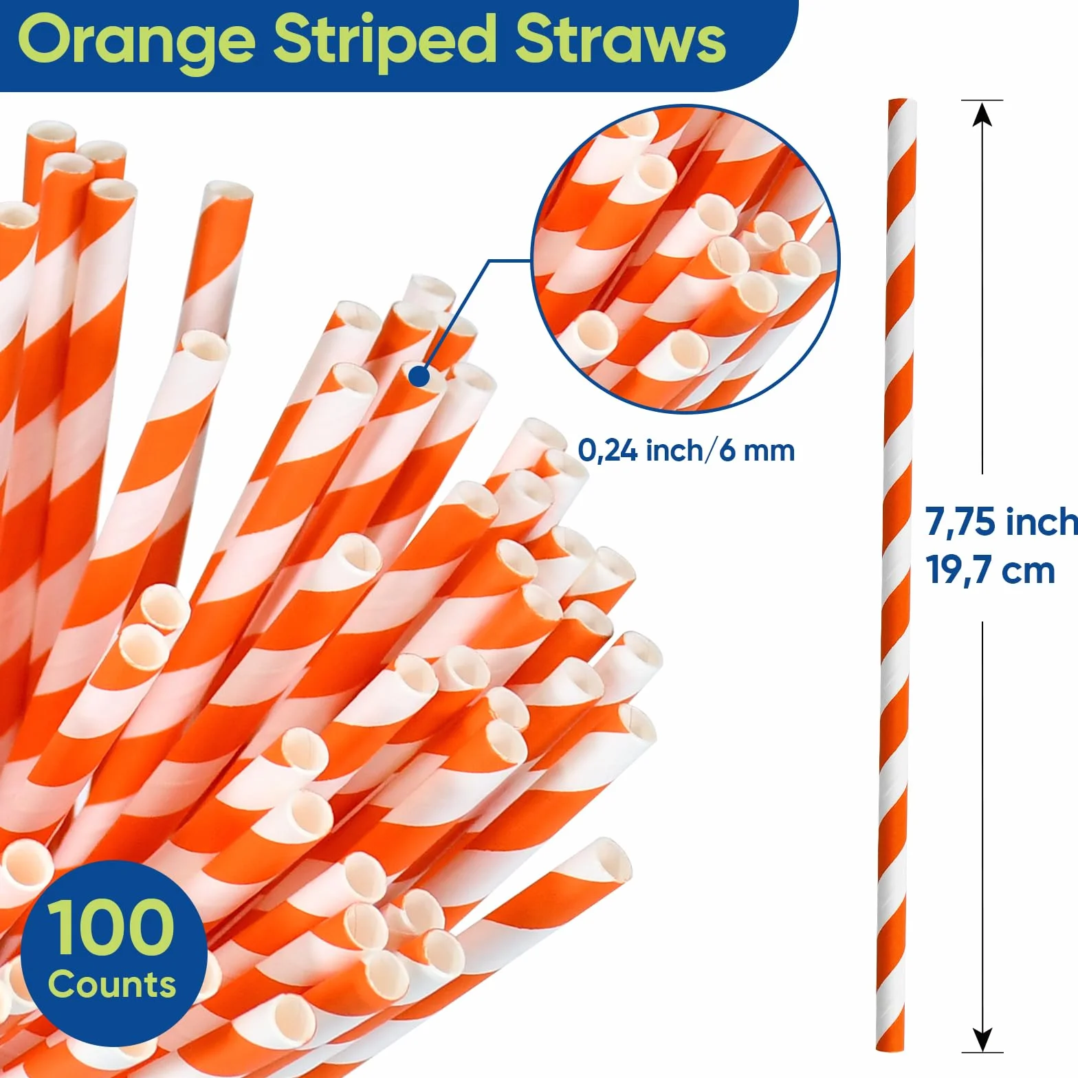 19,7 cm kompostowalne pomarańczowo-białe papierowe słomki do picia, 100 sztuk – do koktajli, soków, kawy, barów, restauracji