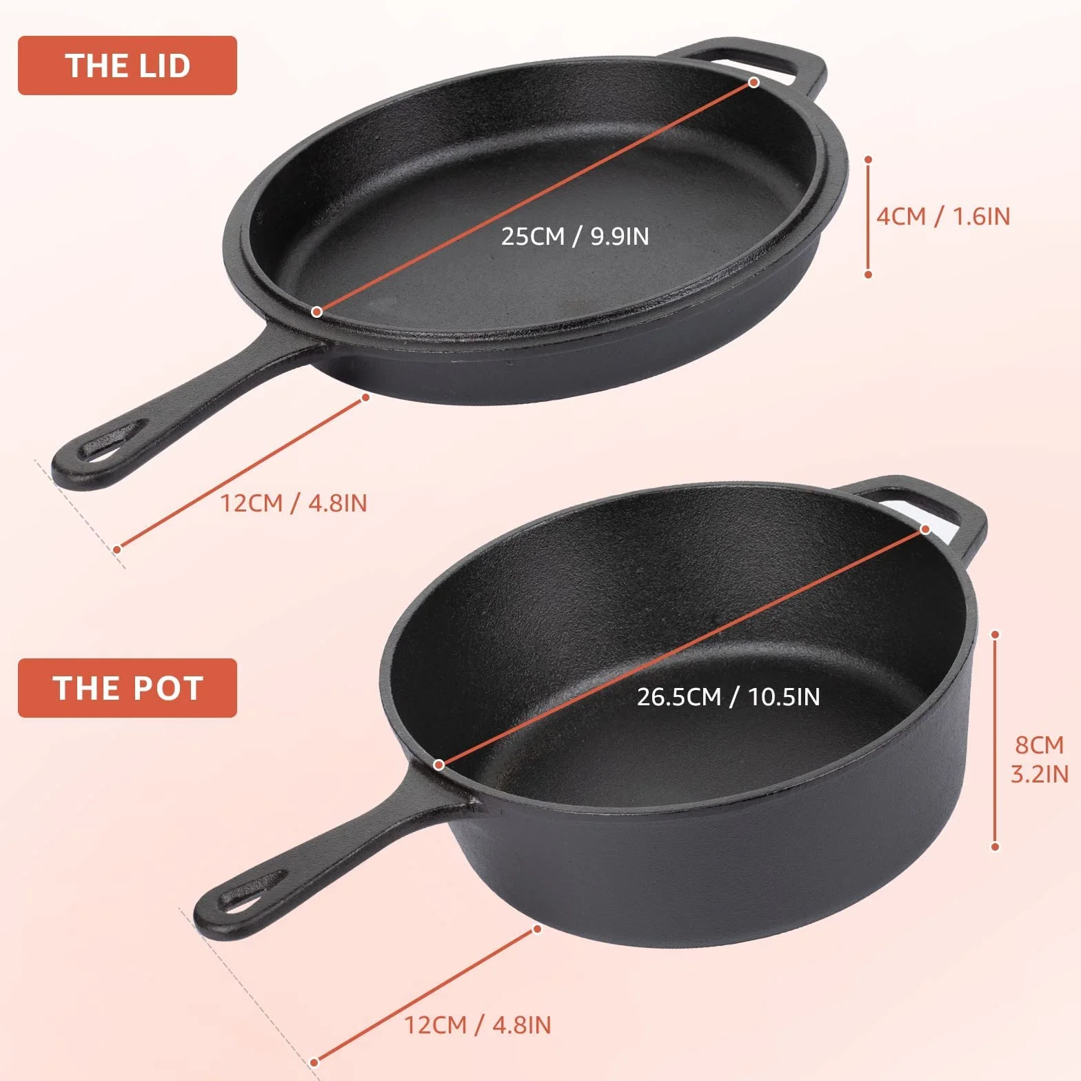 Overmont żeliwny garnek typu Dutch Oven 2 w 1 z pokrywką z funkcją patelni 3 I, garnek żeliwny + 1,4 I pokrywka jako patelnia, gotowy do użycia, z długim uchwytem, do kuchni, na kemping, do ogrodu, BBQ, pieczenia, model: OV009