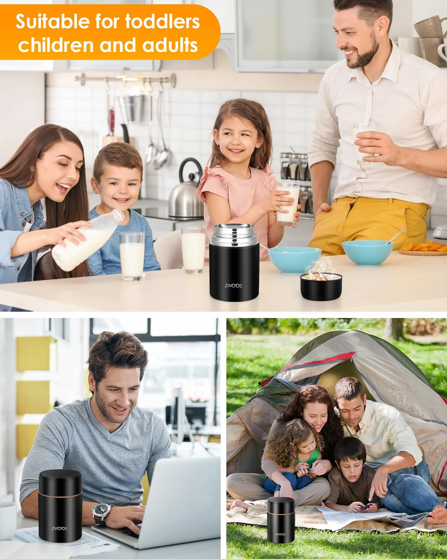 ZWOOS Pojemnik termiczny na żywność 800 ml ze stali nierdzewnej 316 szczelny kubek termiczny czarny