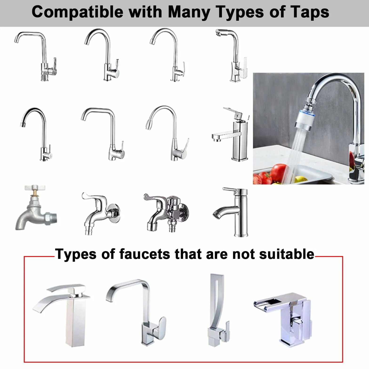 2 sztuki filtrów do wody, kran, filtr 360°, 6 sztuk bawełnianego elementu filtrującego PP i uniwersalnym adapterem, filtr do kranu do domu, kuchni, łazienki, umywalki
