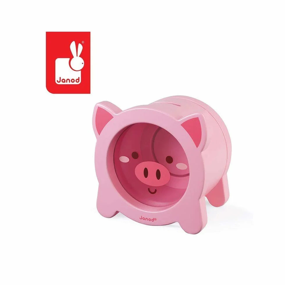 Janod Wooden Children’s Piggy Bank 5.9 inch See-Through Side Magnetic Opening Ages 3+