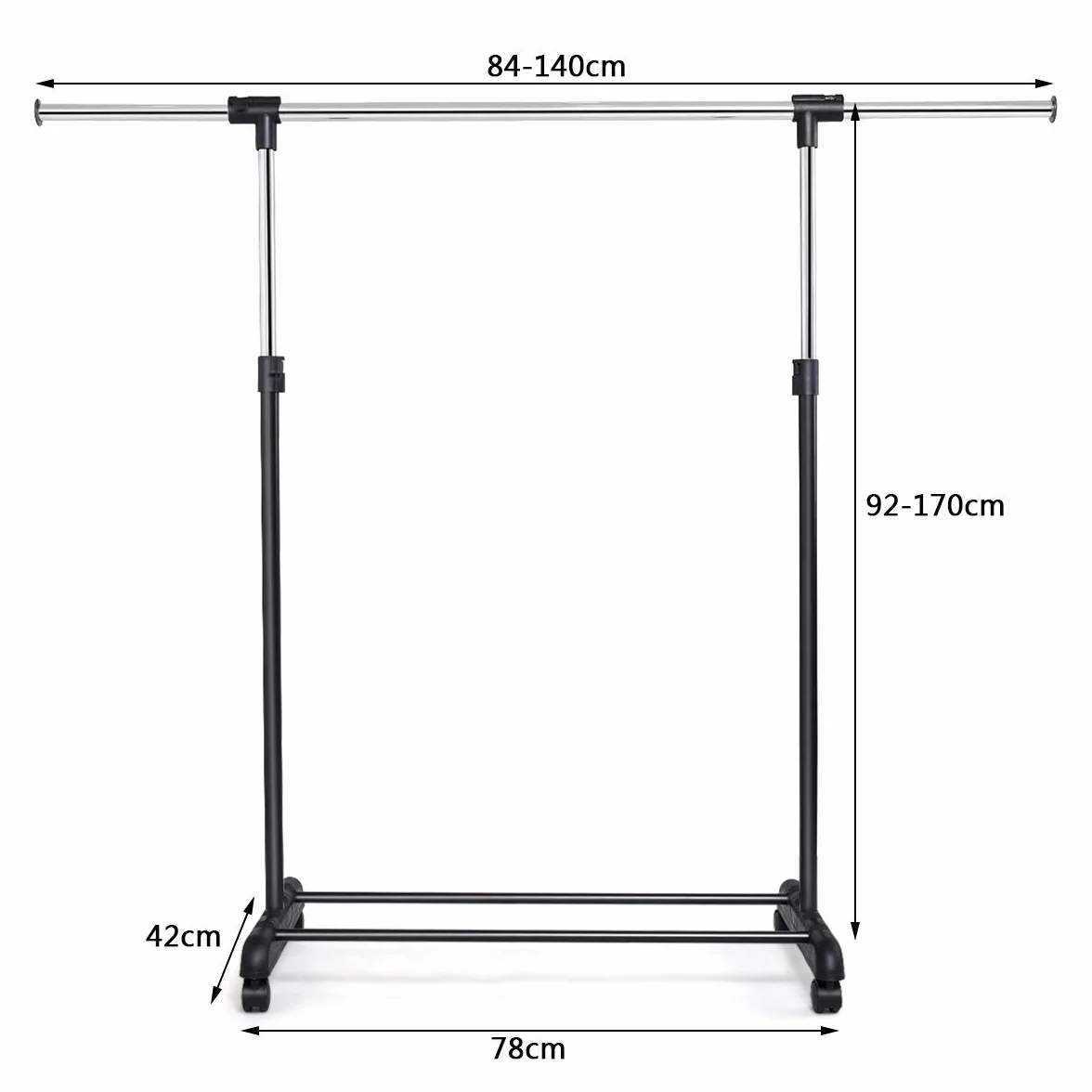 COSTWAY Wieszak Na Ubrania Na Kółkach Z Regulacją Wysokości 92-170 cm, Wysuwany Drążek 84-140 cm, Wózek Garderobiany Ze Stabilną Półką, Obracane Kółka 360°, Hamulce, Antykorozyjny