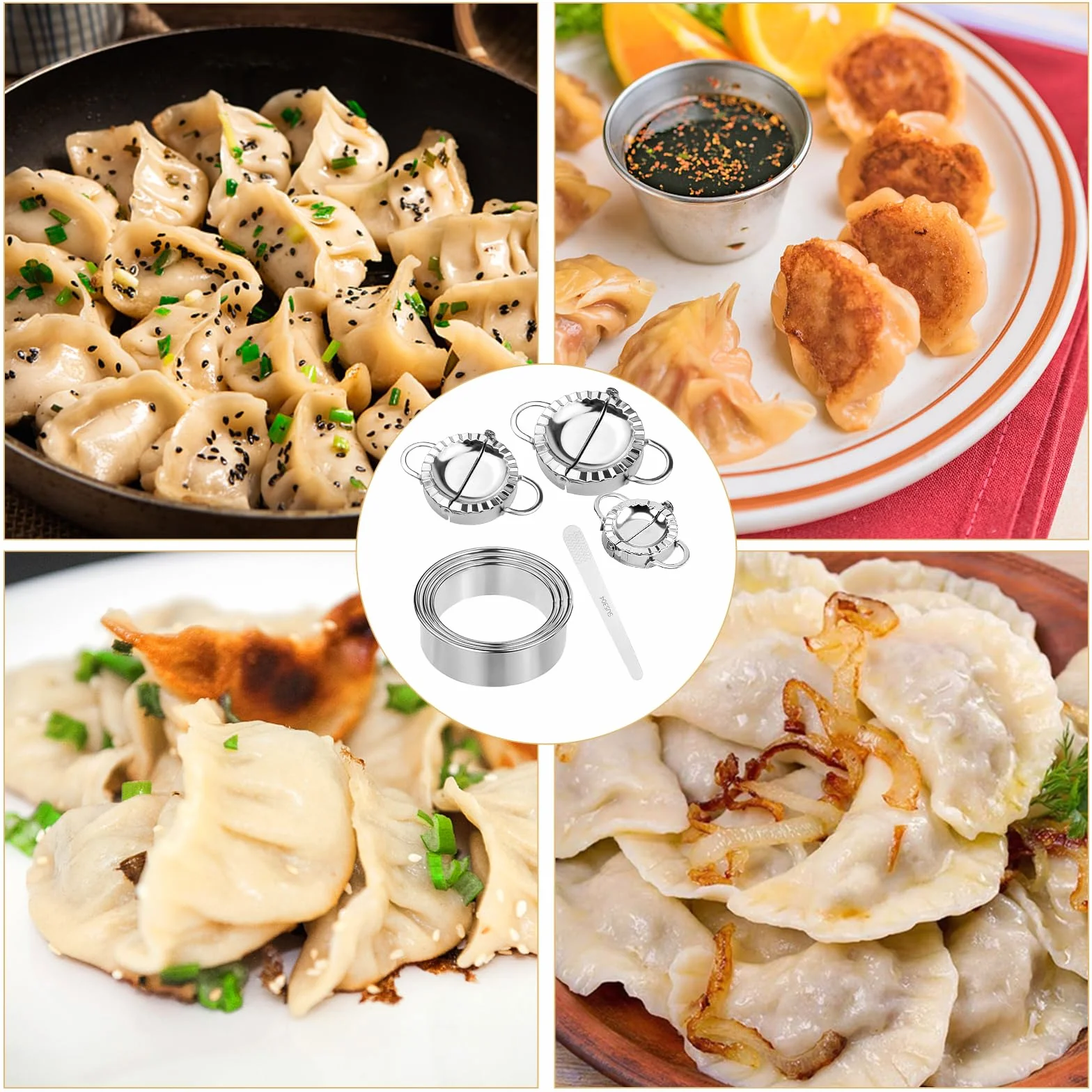 7 sztuk foremek do pierogów ze stali nierdzewnej, foremki do pierogów + wykrawacz do ciasta, ravioli, okrągłe foremki do pierogów, 3 rozmiary, do robienia pierogów