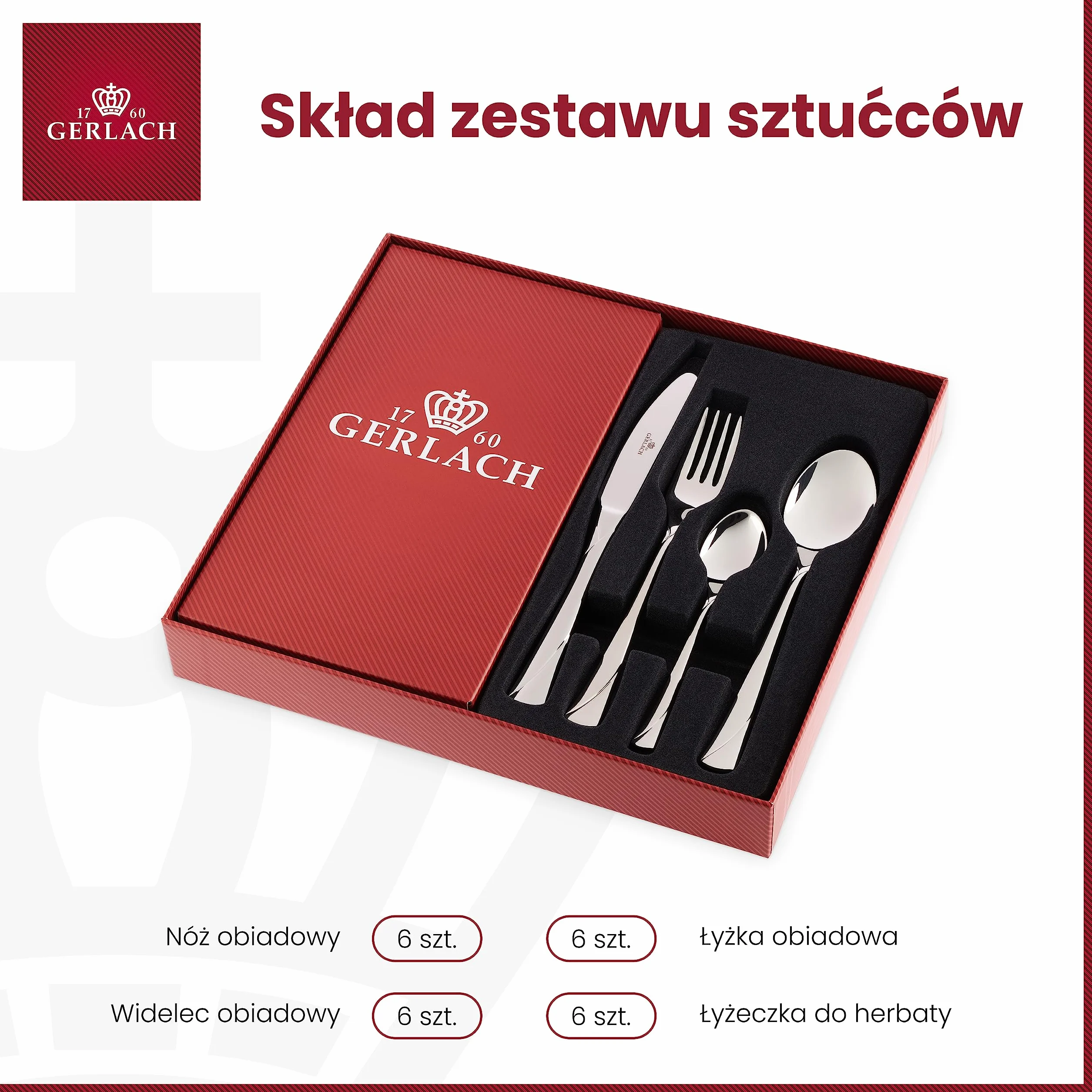 Gerlach Valor Zestaw Sztućców Dla 6 Osób Ze Stali Szlachetnej Nierdzewnej Komplet Łyżka Widelec Nóż Obiadowy Łyżeczka Do Mycia W Zmywarce Połysk 24 Elementy