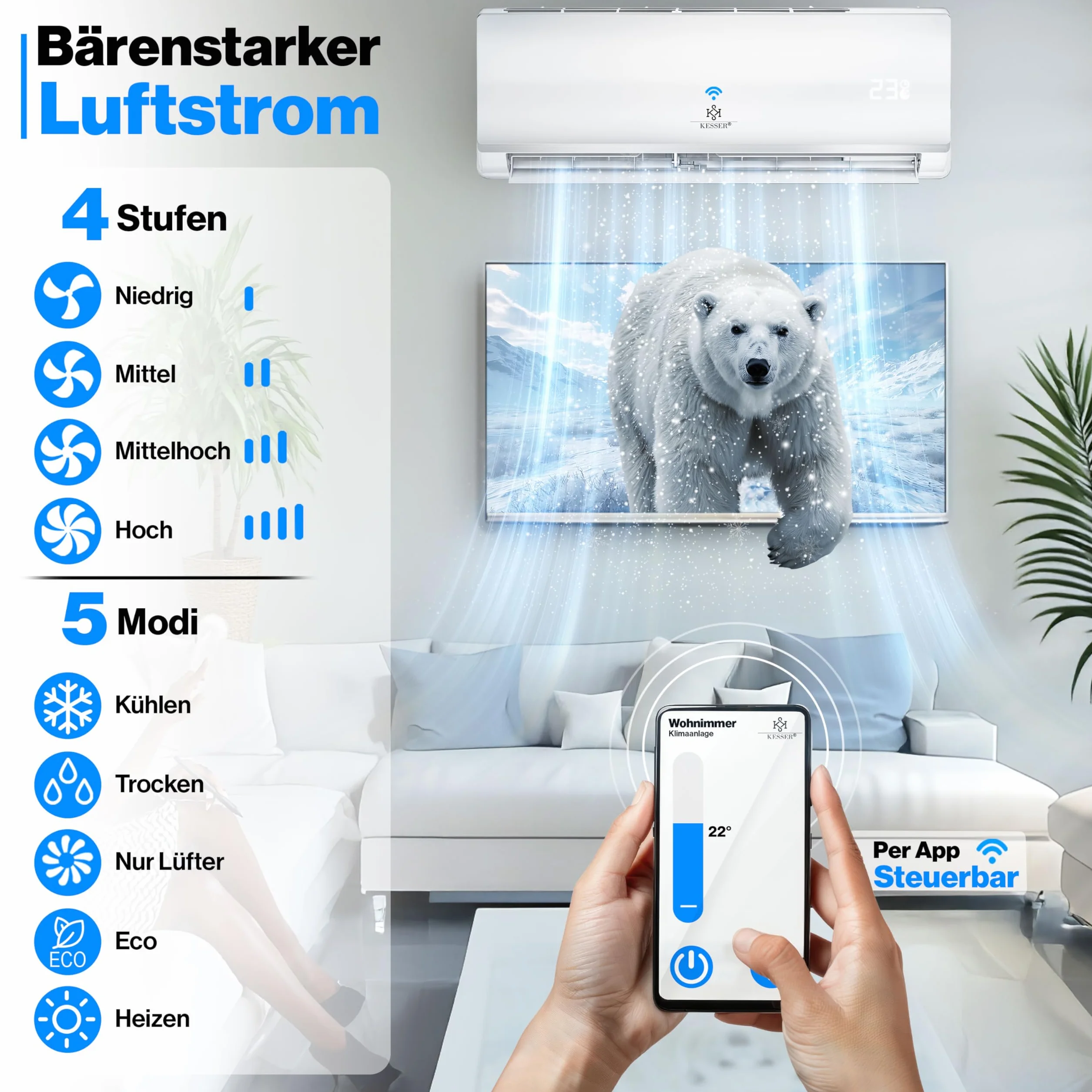 KESSER® Klimatyzator Split 12000 BTU – inteligentny klimatyzator, tryb ogrzewania i chłodzenia, klimatyzator ścienny z funkcją Wi-Fi/aplikacji, duża wydajność chłodzenia, osuszacz powietrza i
