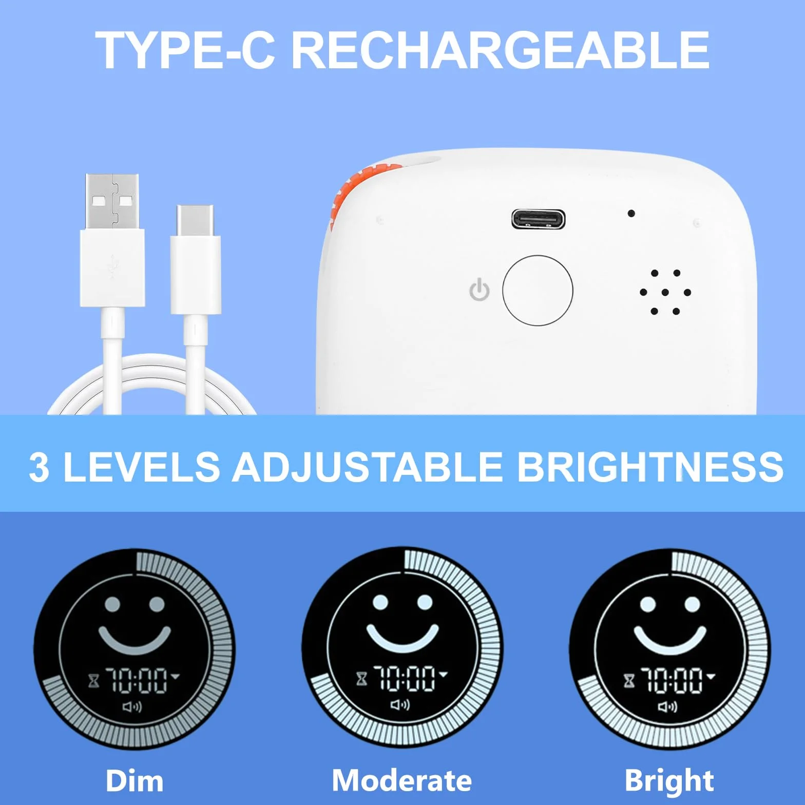 Cuteefun 100-minutowy wizualny timer Pomodoro z wyświetlaczem Smiley, szybkie przesuwanie, tryb wyciszenia i wibracji, regulowana głośność, krótki timer do kuchni i gabinetu