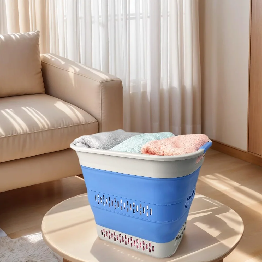 SAMMART Składany plastikowy kosz na pranie, 40 l, składany, rozkładany pojemnik/organizer, przenośny kosz na pranie, oszczędność miejsca, 1, szary/niebieski (Little Boy Blue)
