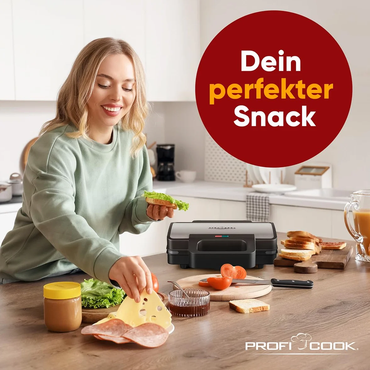 ProfiCook® Opiekacz do kanapek XXL | Bardzo duże płyty na kromki chleba | Powłoka nieprzywierająca | 900 W | PC ST 1315